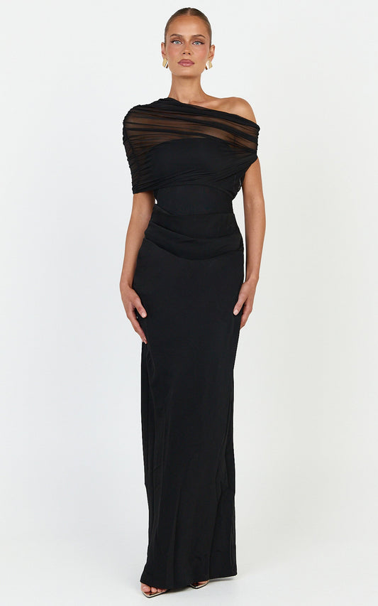 Nami Maxi Dress - Overlay Off Shoulder Draped Cowl Waist Dress in Black