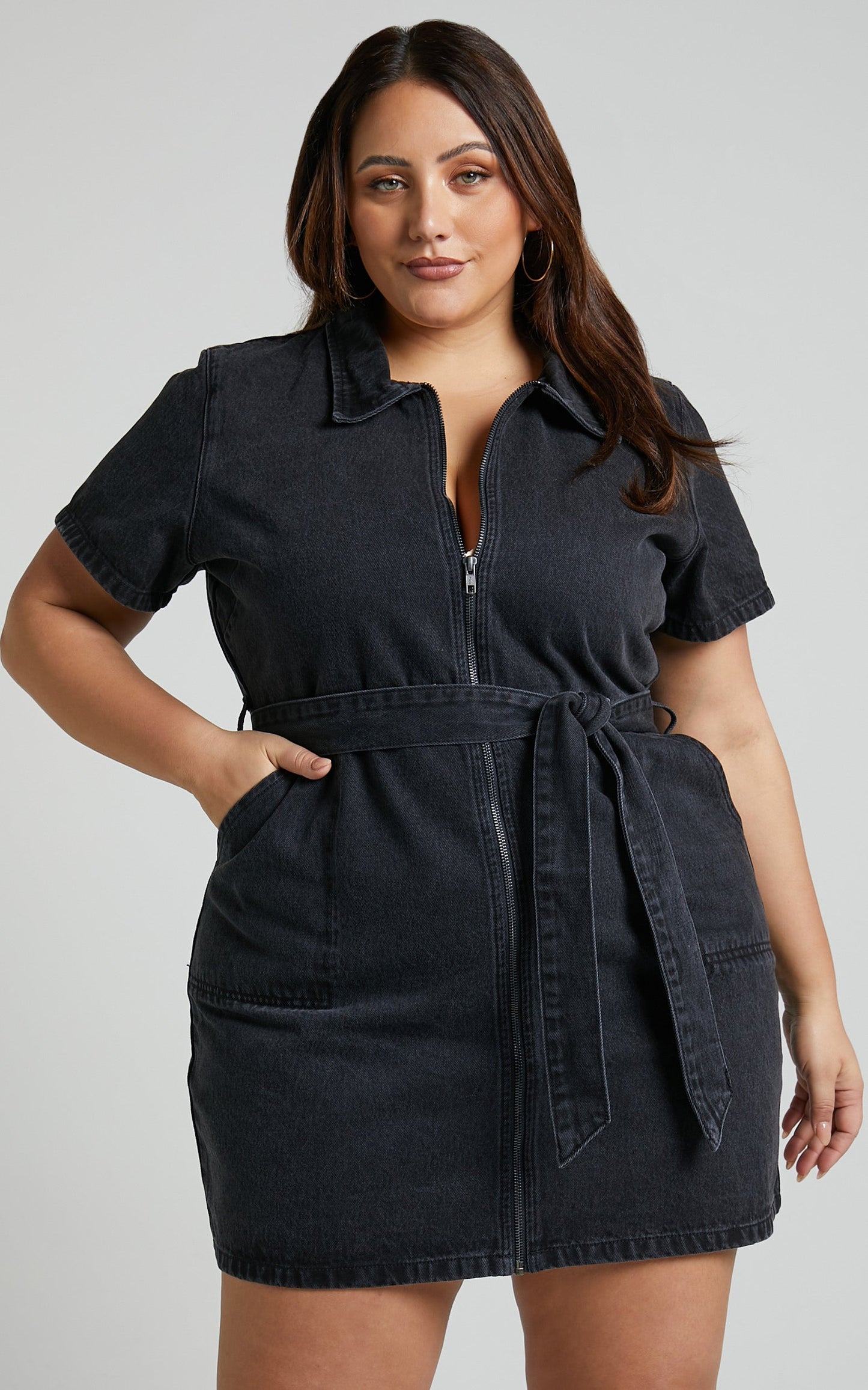 Nandini Mini Dress - Hardware Zip Through Denim Dress in Black Wash