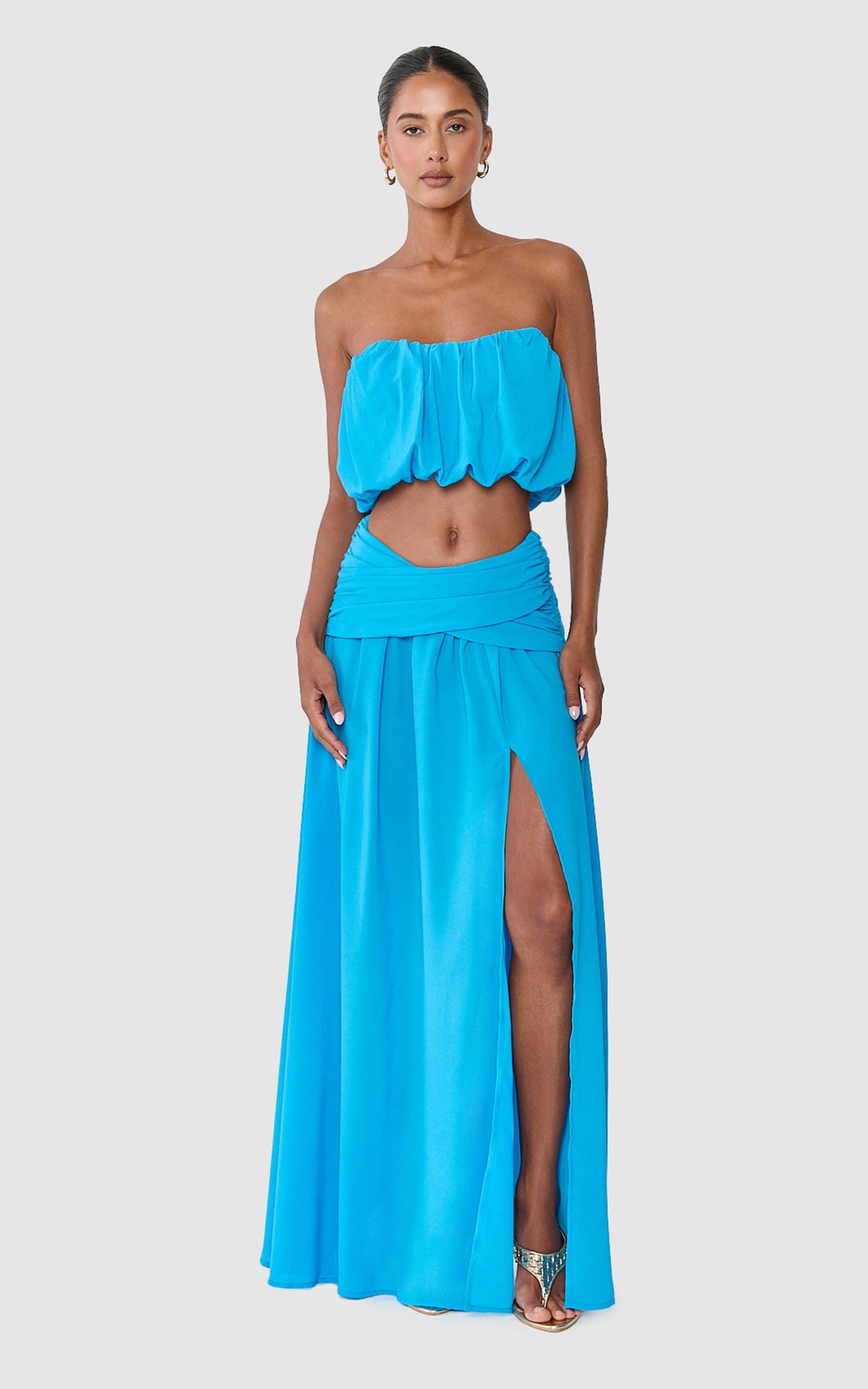 Naomi Maxi Skirt - Split Leg Wrap Waist Skirt in Blue
