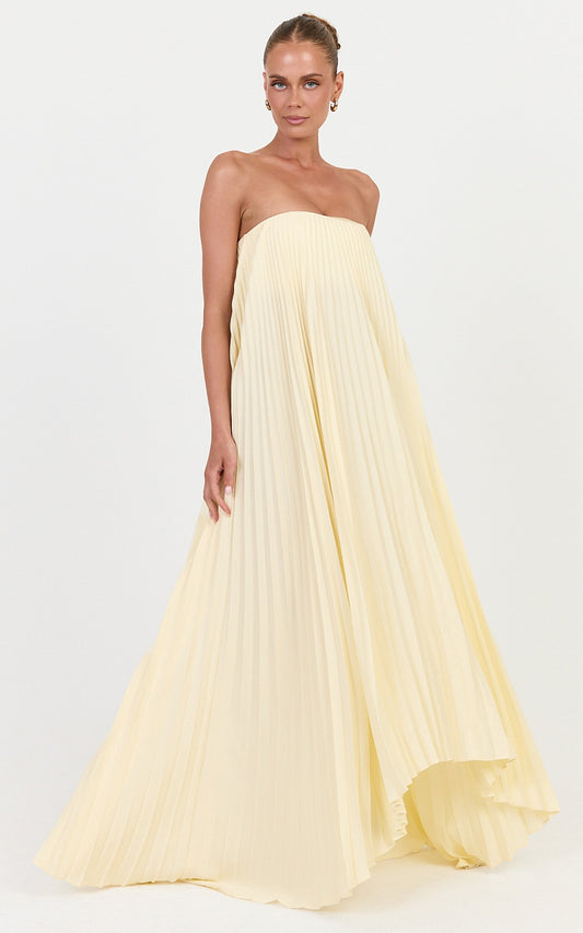 Narae Maxi Dress - Strapless Pleated Dress in Lemon