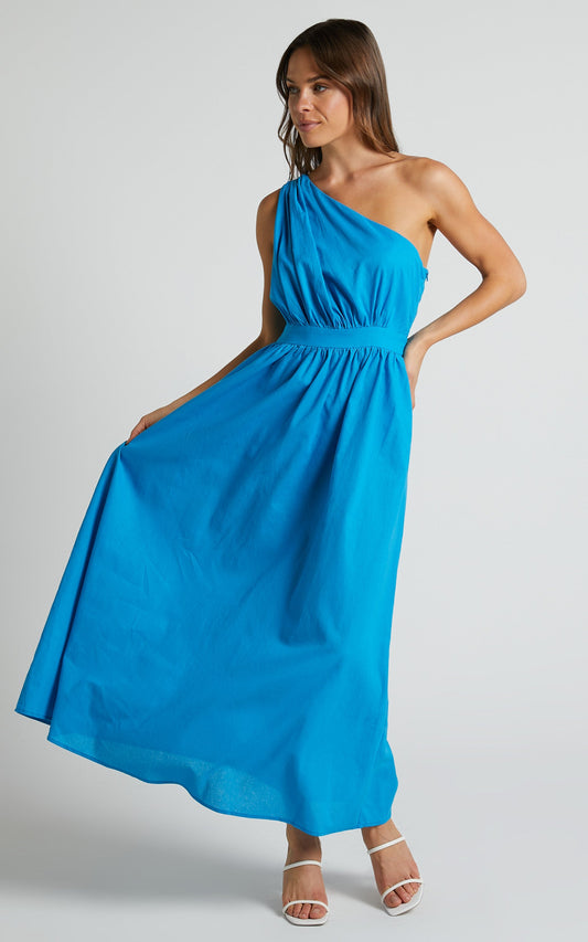 Narina Midi Dress - Linen One Shoulder Ruched Bodice A Line Dress in Blue