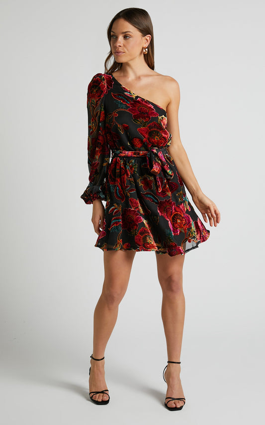 Natachia Mini Dress - One Shoulder Burnout Dress in Black Floral