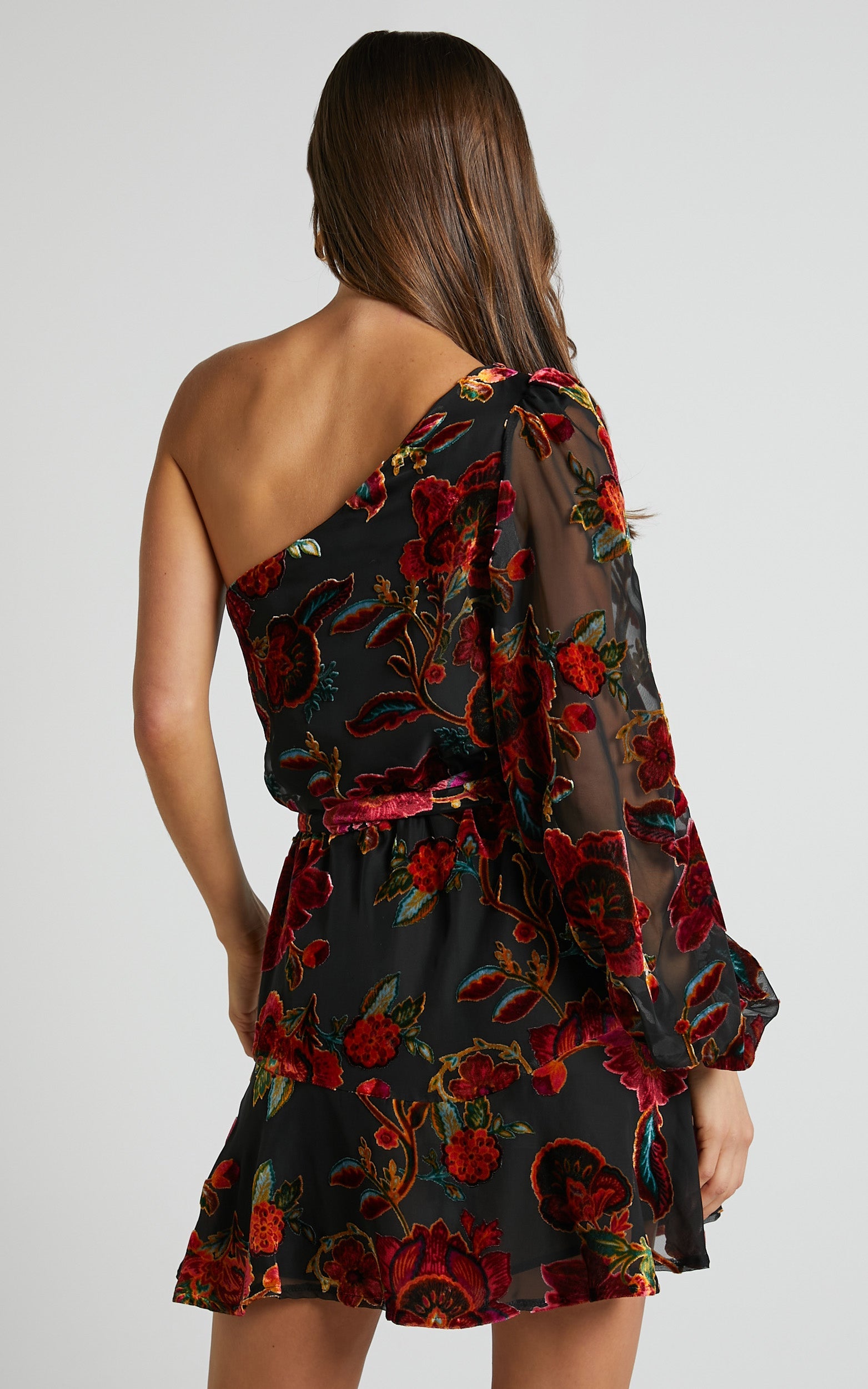 Natachia Mini Dress - One Shoulder Burnout Dress in Black Floral