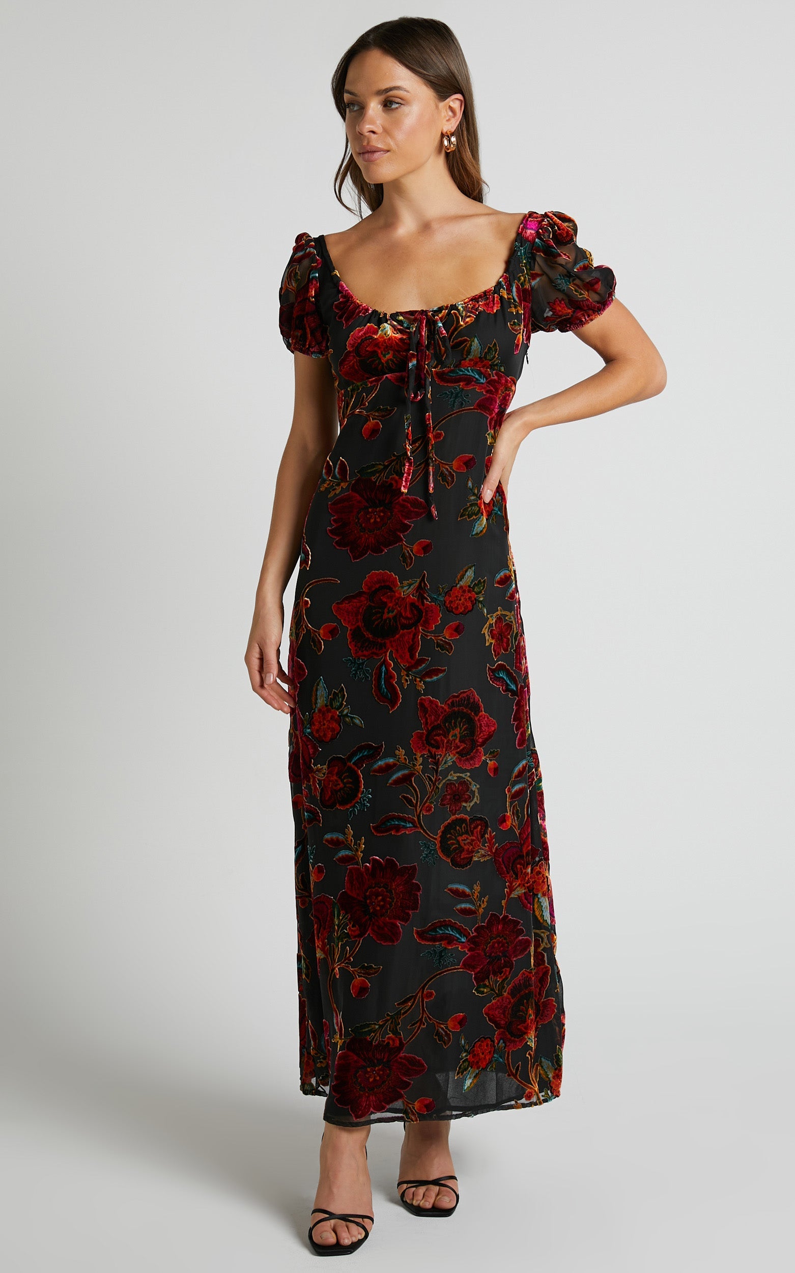 Natachia Midi Dress - Puff Sleeve Burnout Dress in Black Floral