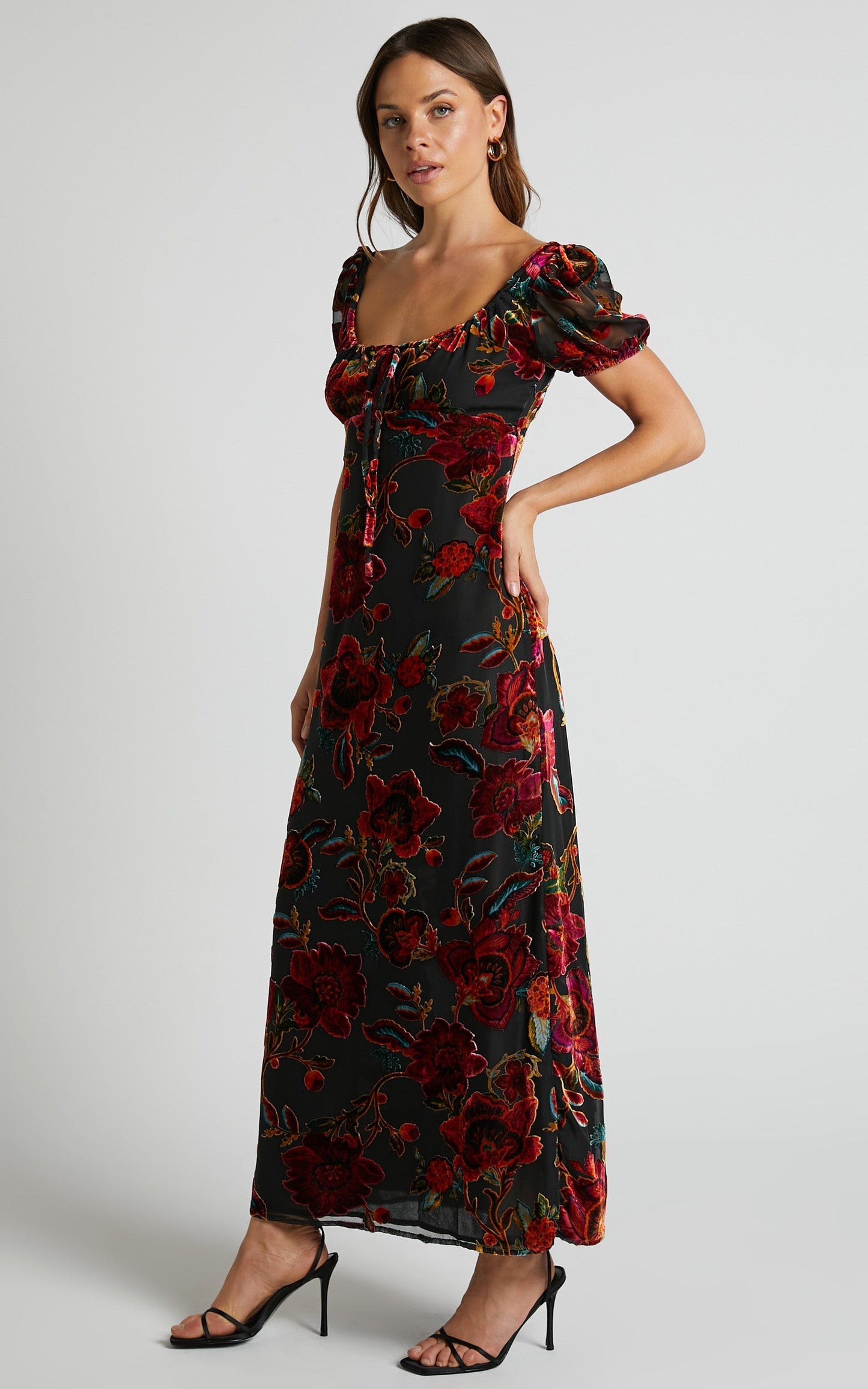 Natachia Midi Dress - Puff Sleeve Burnout Dress in Black Floral