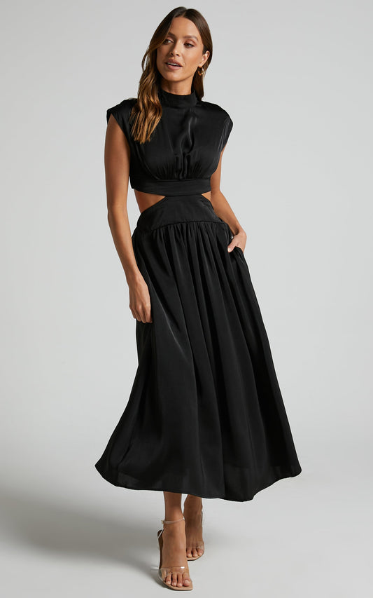 Natalyah Midi Dress - Mock Neck Cut Out Gathered Dress in Black