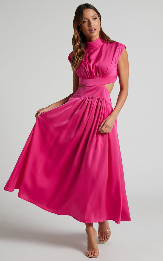 Natalyah Midi Dress - Mock Neck Cut Out Gathered Dress in Pink