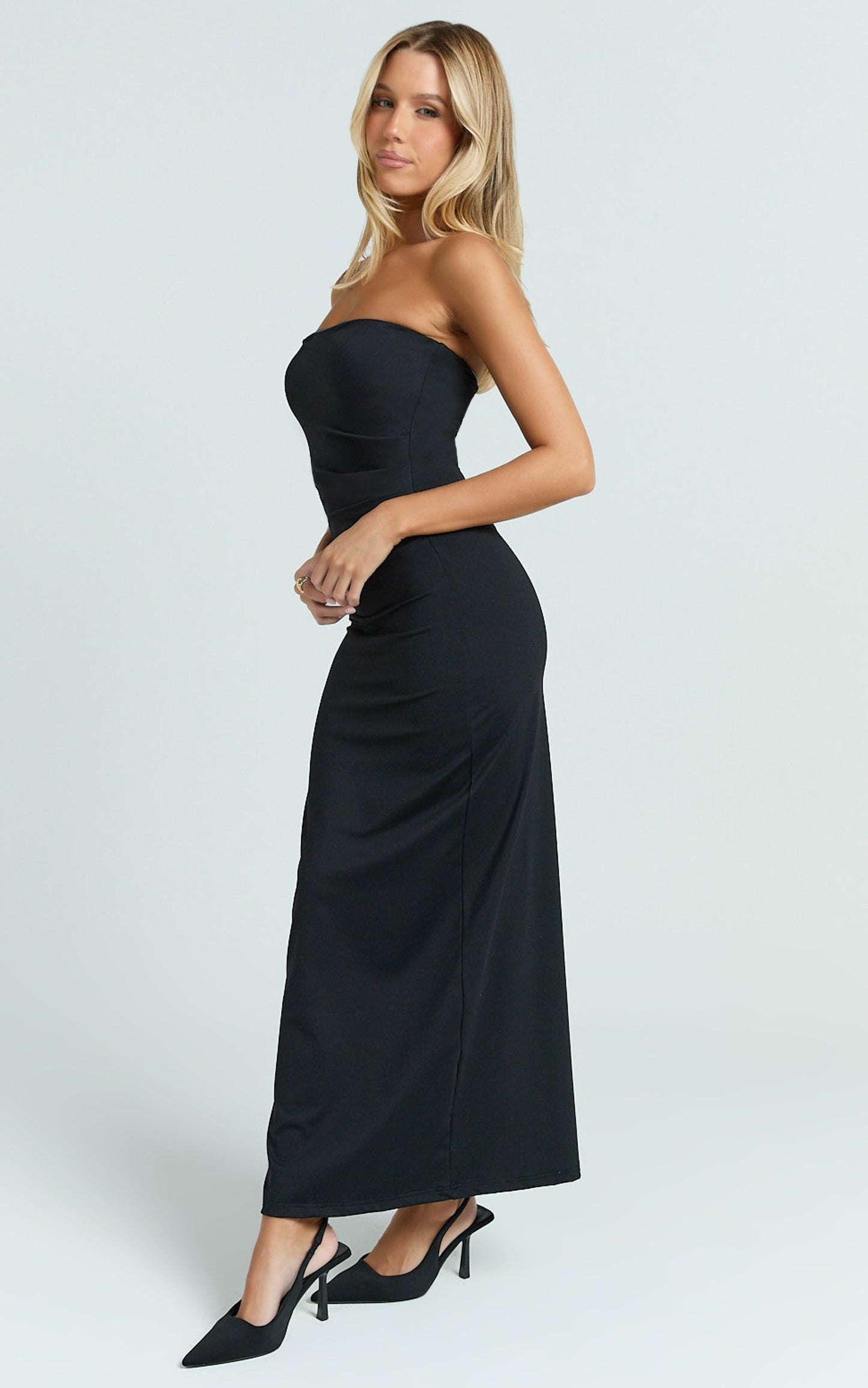 Natasha Midi Dress - Strapless Ruched Column Dress in Black