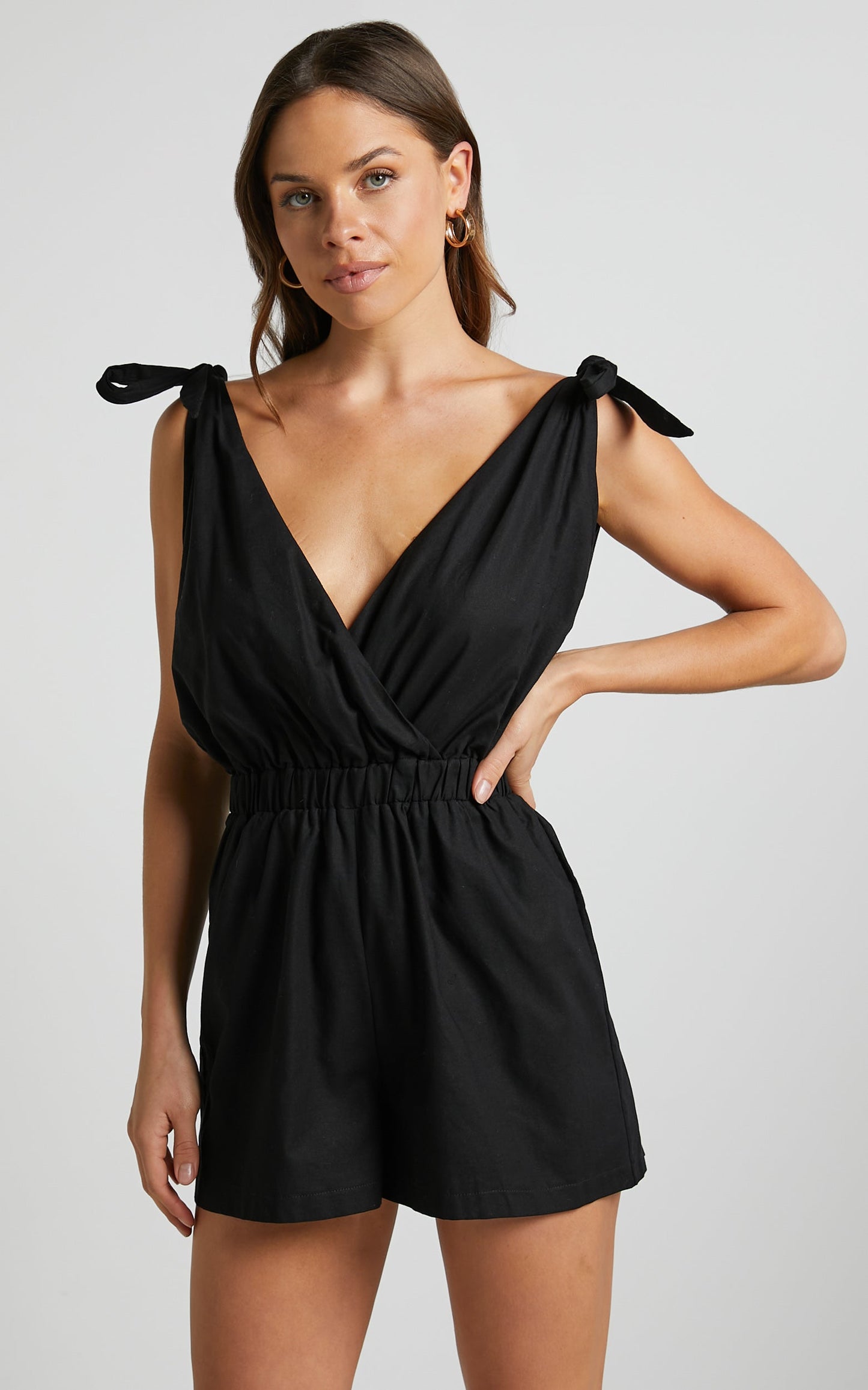 Nayamae Playsuit - Plunge Neck Tie Strap Playsuit in Black