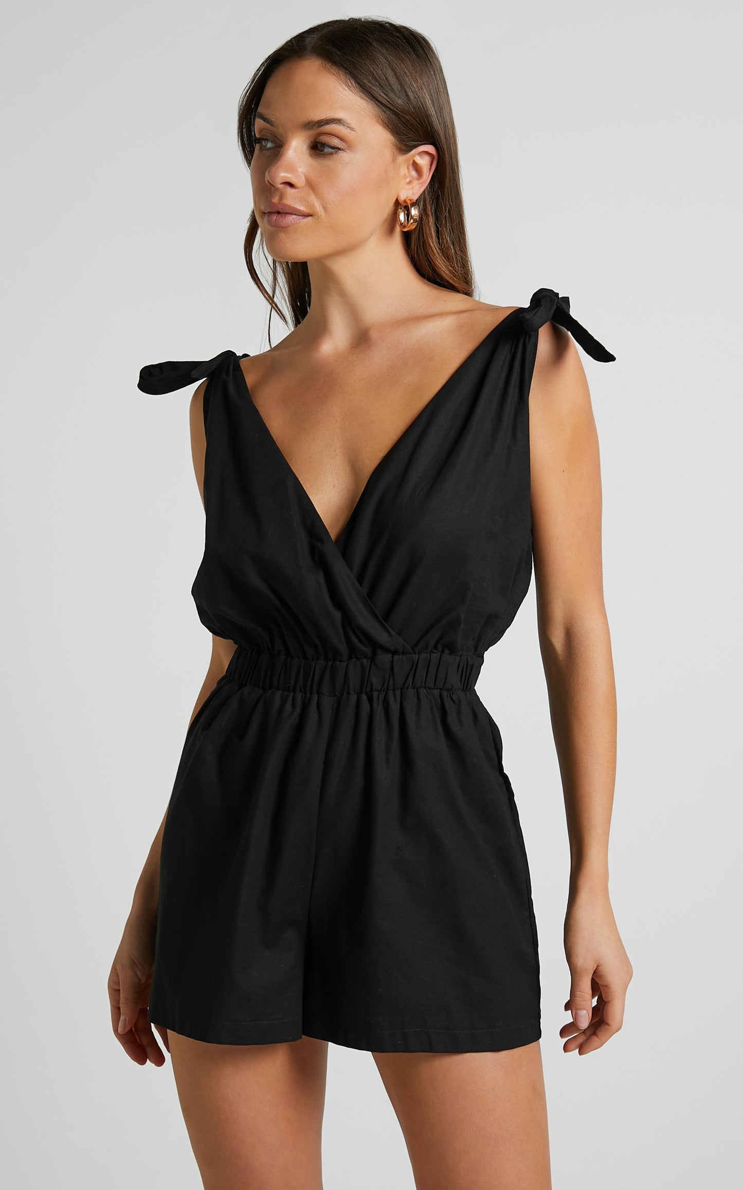 Nayamae Playsuit - Plunge Neck Tie Strap Playsuit in Black