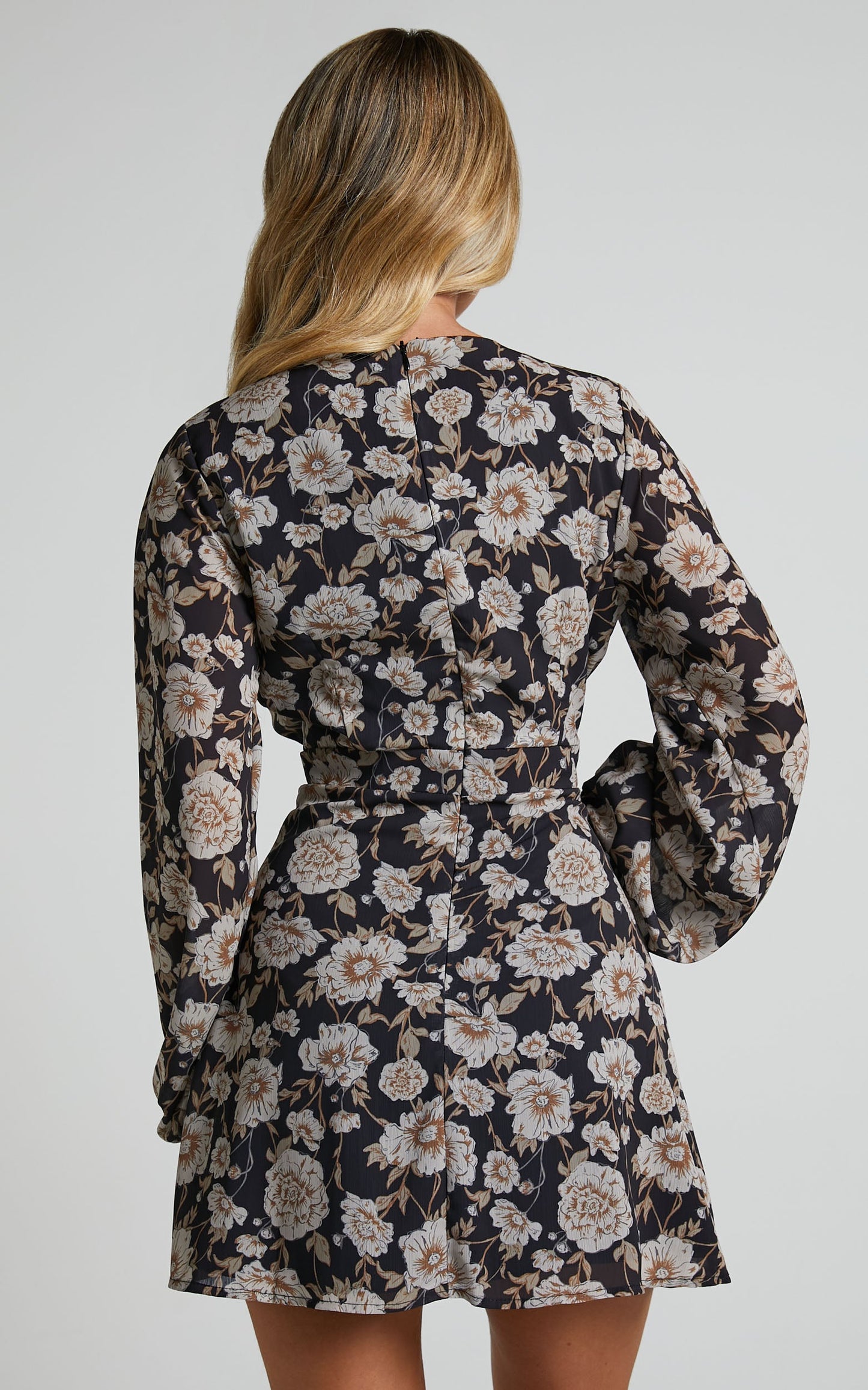 Negroni Mini Dress - V Neck Long Puff Sleeve Dress in Golden Floral