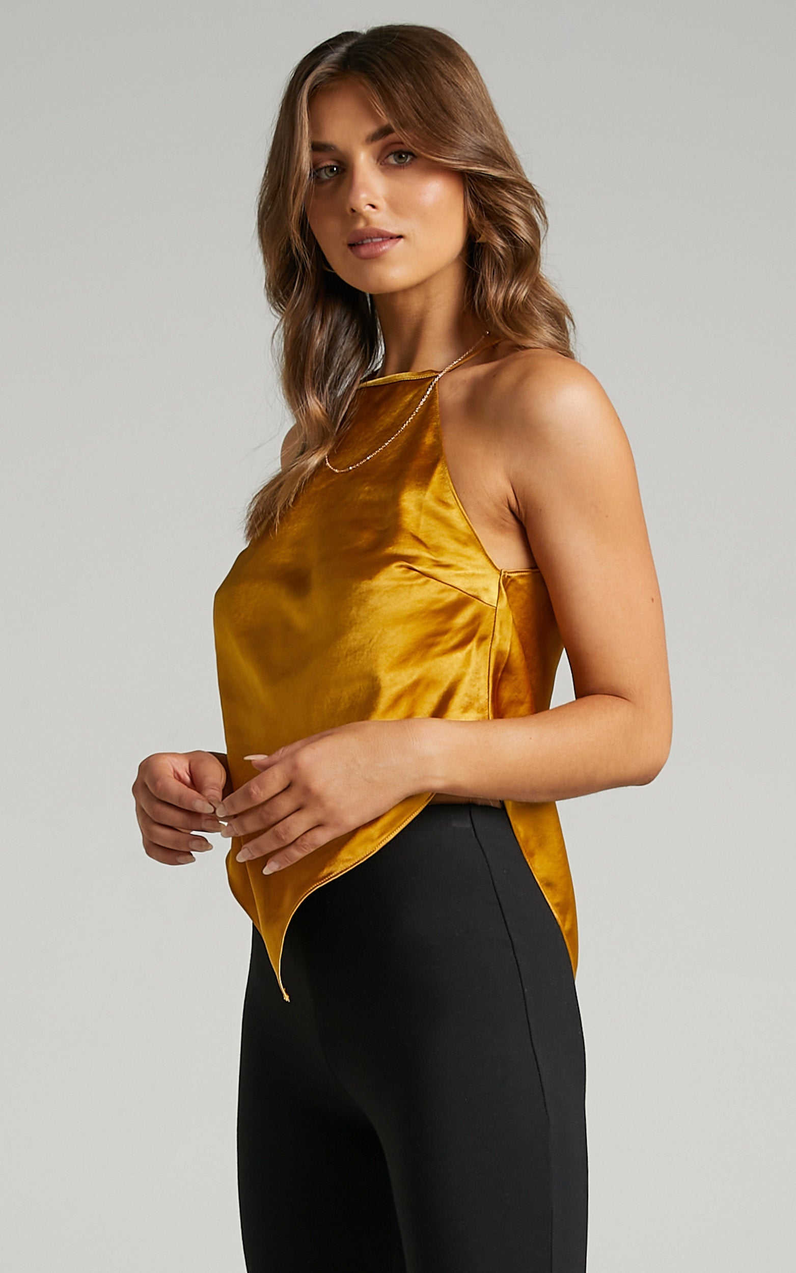 Nelssy Halter Neck Scarf Top In Satin in Yellow