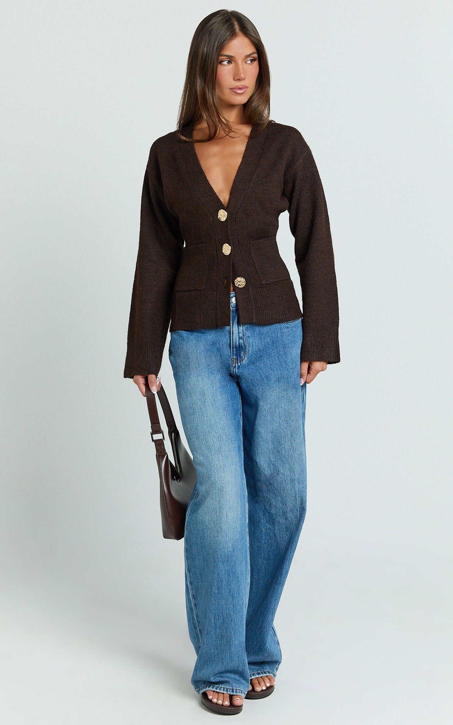 Nerissa Cardigan - V Neck Recycled Knit Contoured Cardigan in Chocolate