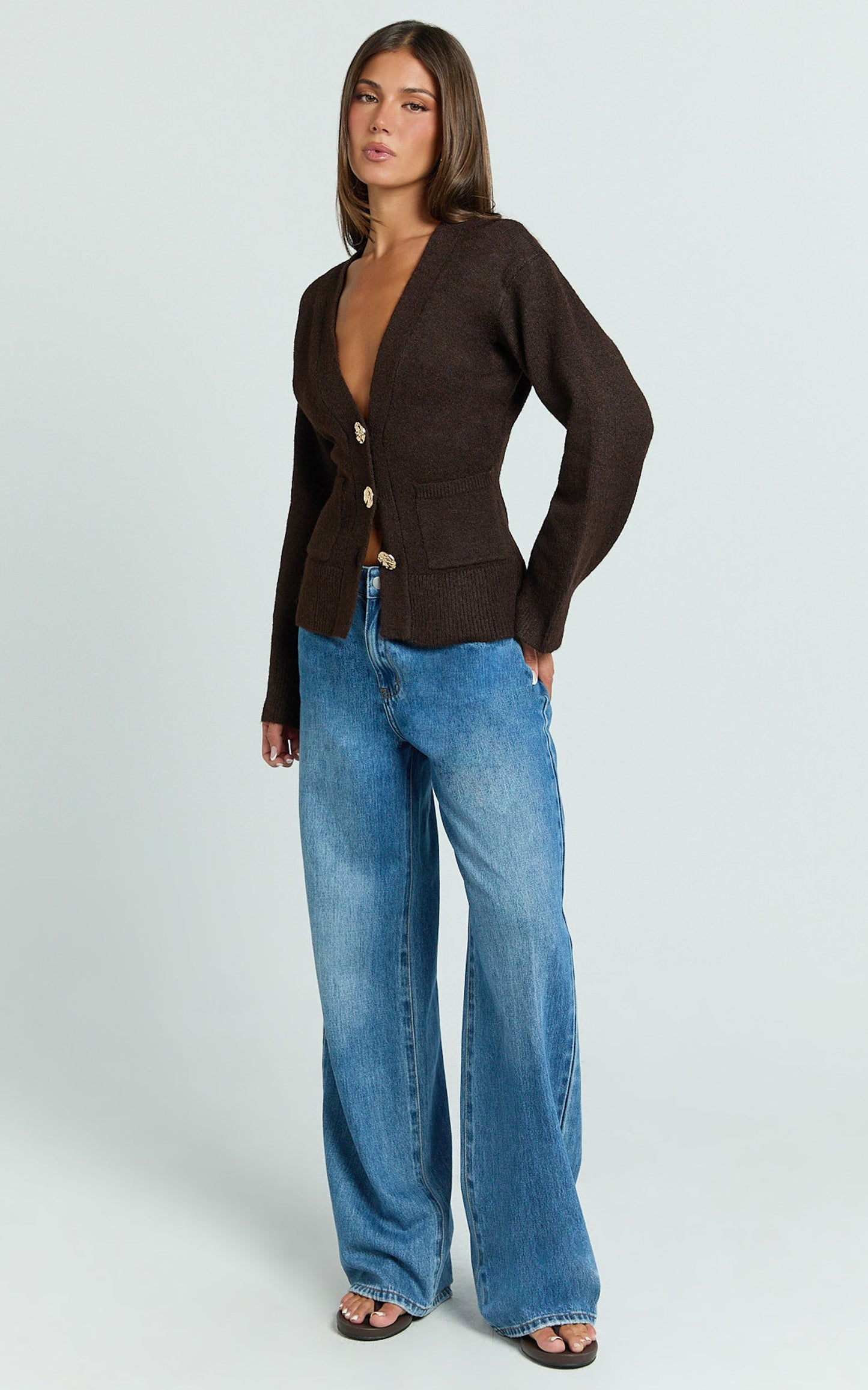 Nerissa Cardigan - V Neck Recycled Knit Contoured Cardigan in Chocolate
