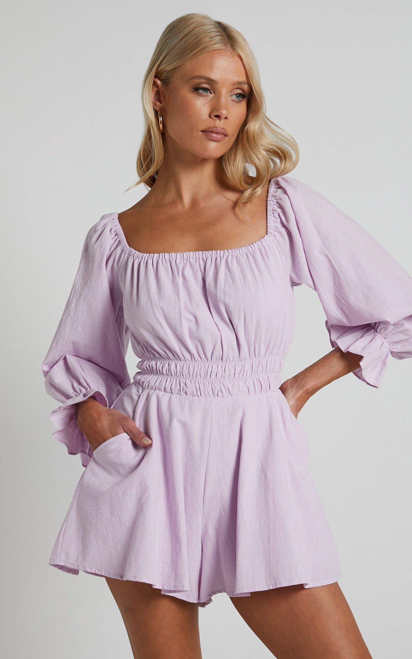 Nerissa Playsuit - Off Shoulder Long Sleeve Playsuit in Lilac