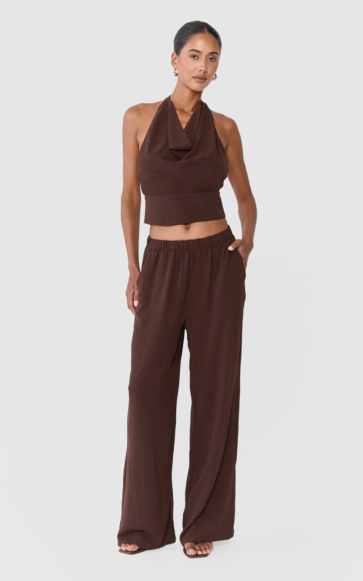 Nerissa Two Piece Set - High Cowl Halter Neck Top and Pant Set in Chocolate