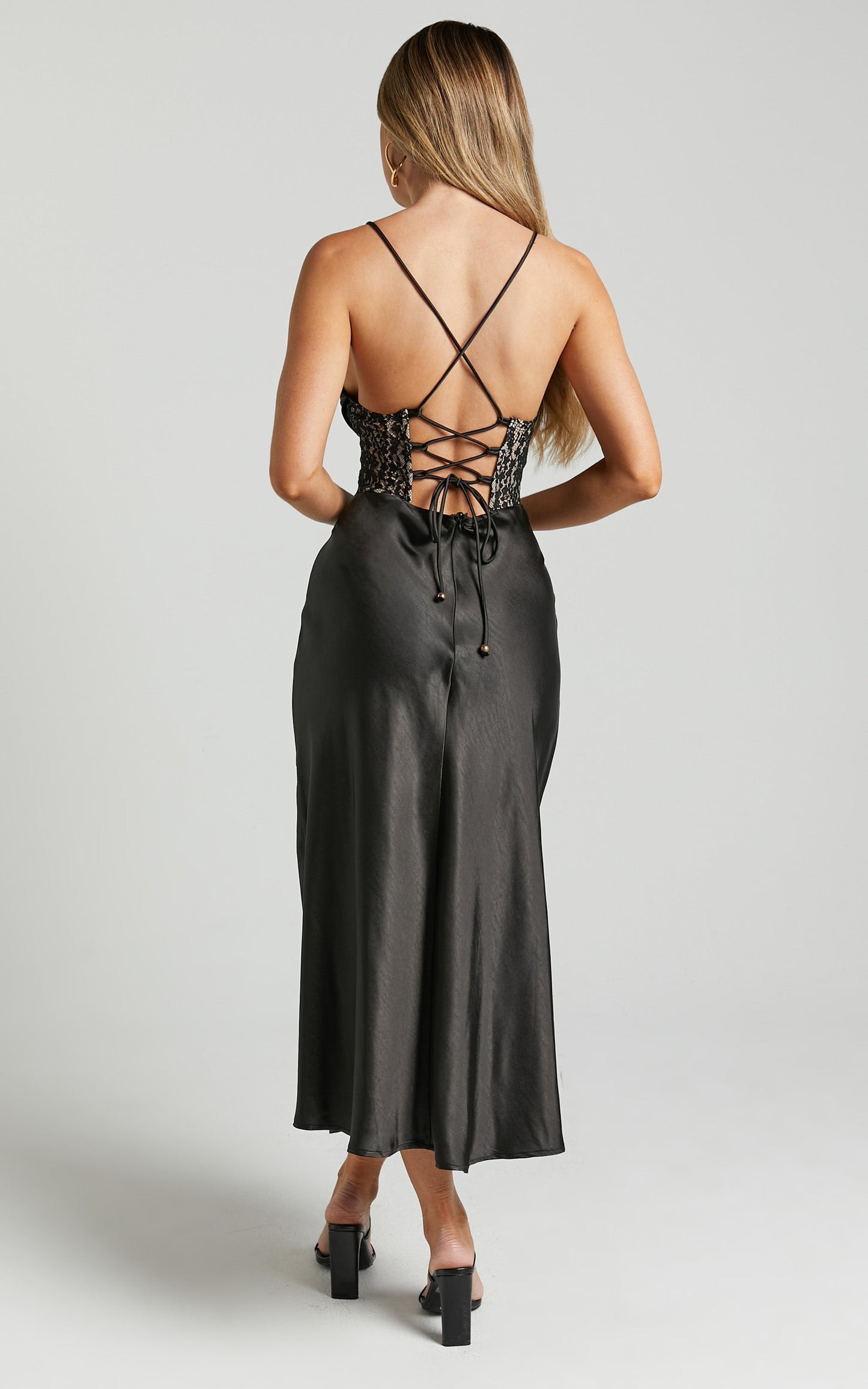 Nessa Midi Dress - Cowl Neck Lace Insert Detail Satin Dress in Black