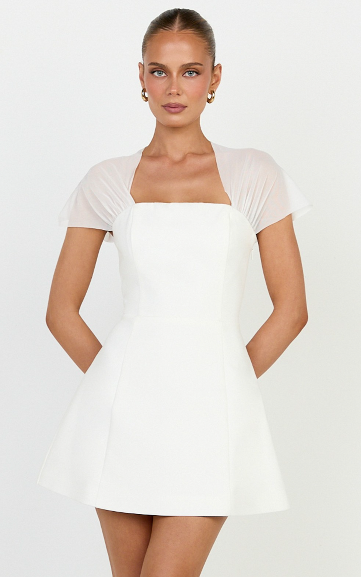Neve Mini Dress - Sheer Short Sleeve Square Neck Tulip Skirt Dress in Off White