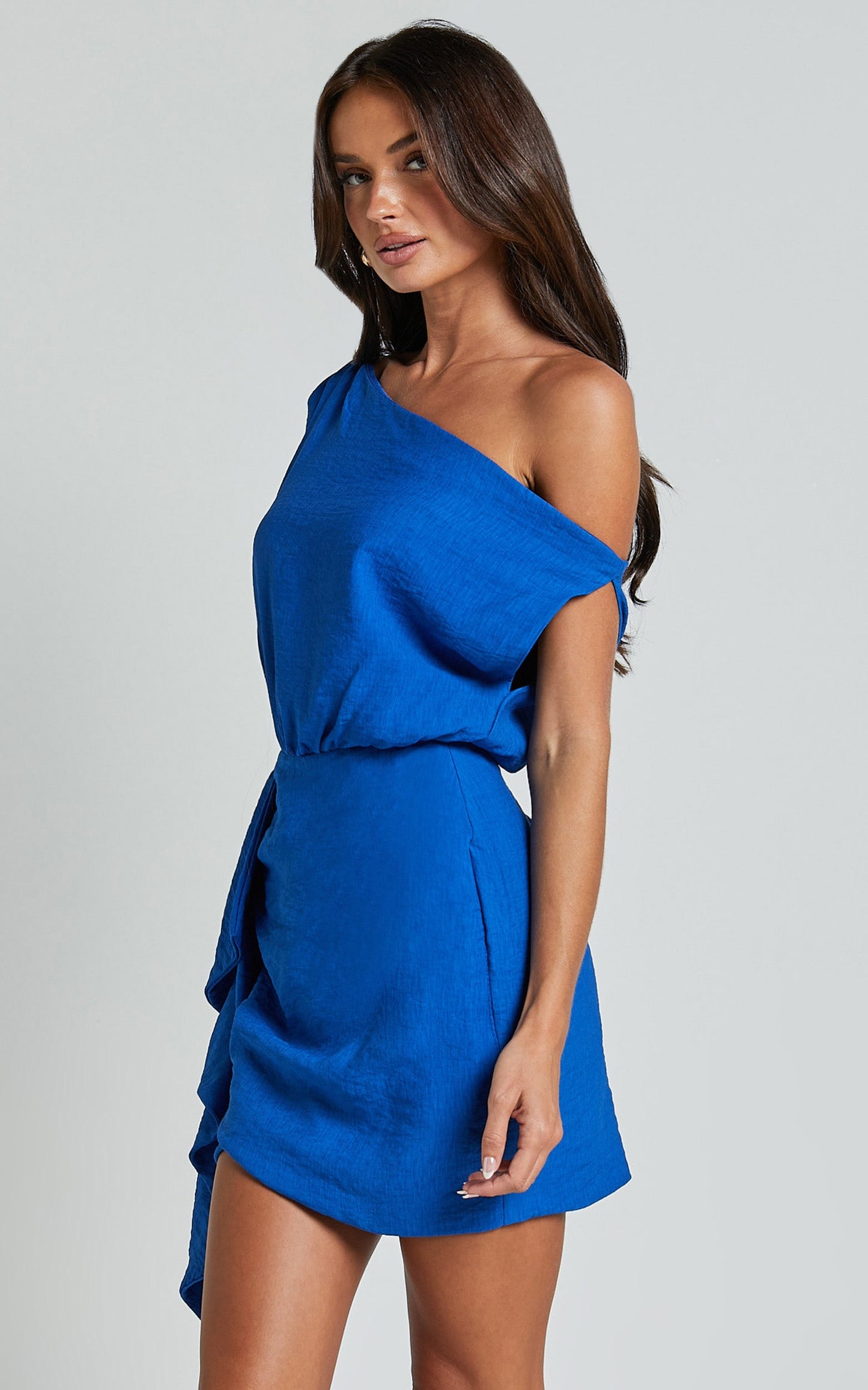 Niana Mini Dress - Drape One Shoulder Dress in Blue