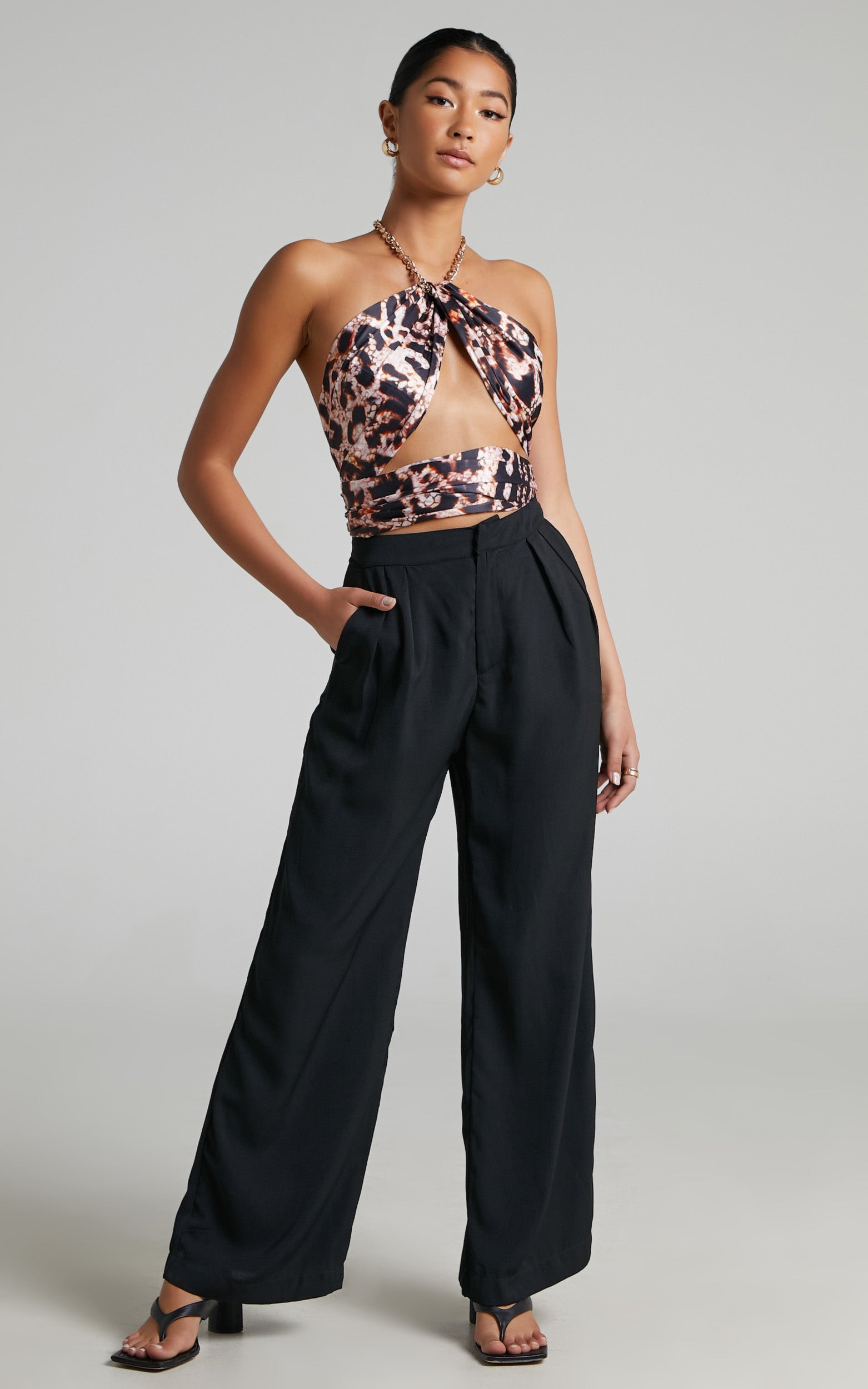 Nicola Top - Chain Neck Scarf Halter Top in Leopard