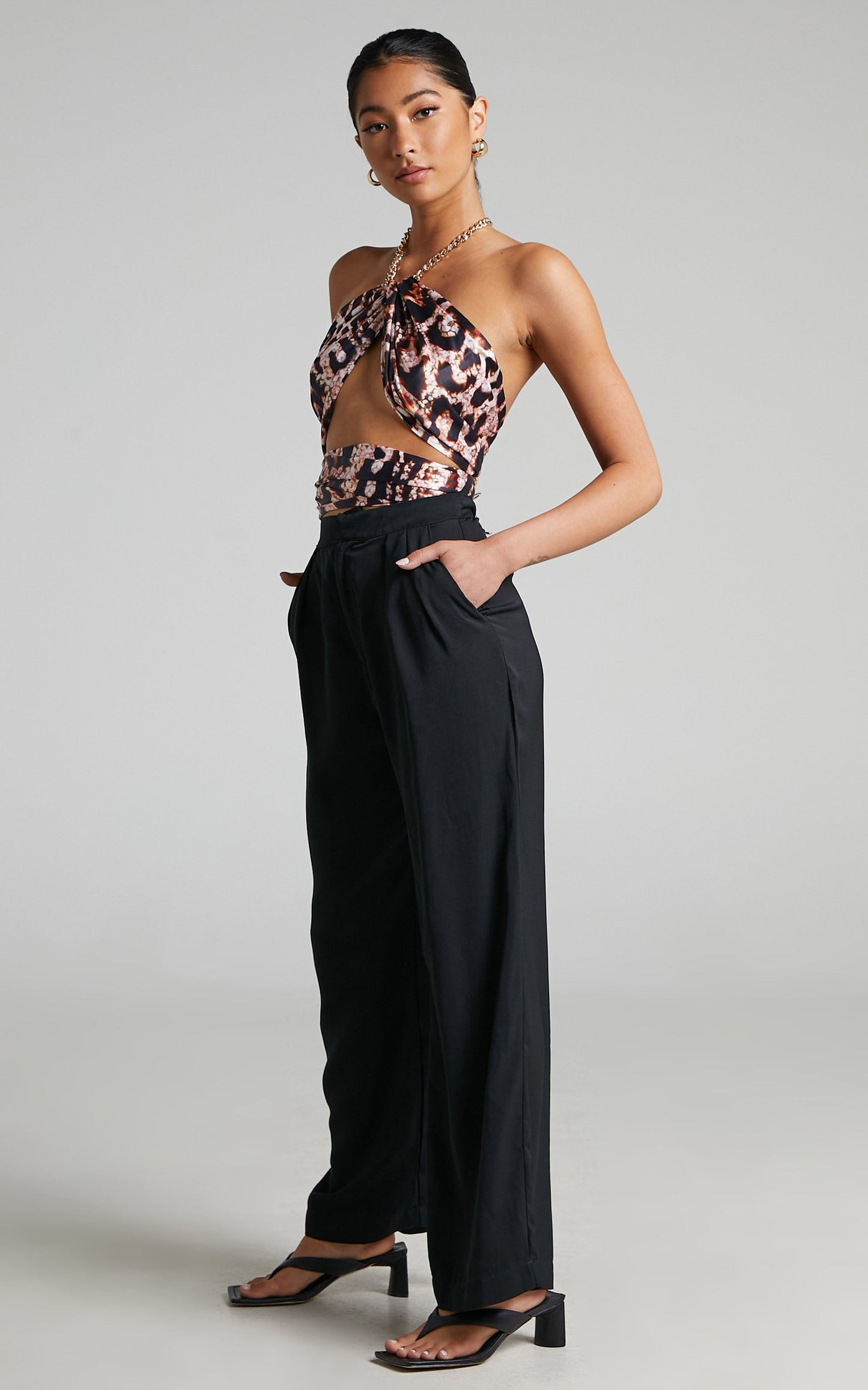 Nicola Top - Chain Neck Scarf Halter Top in Leopard