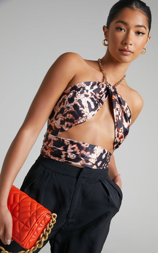 Nicola Top - Chain Neck Scarf Halter Top in Leopard