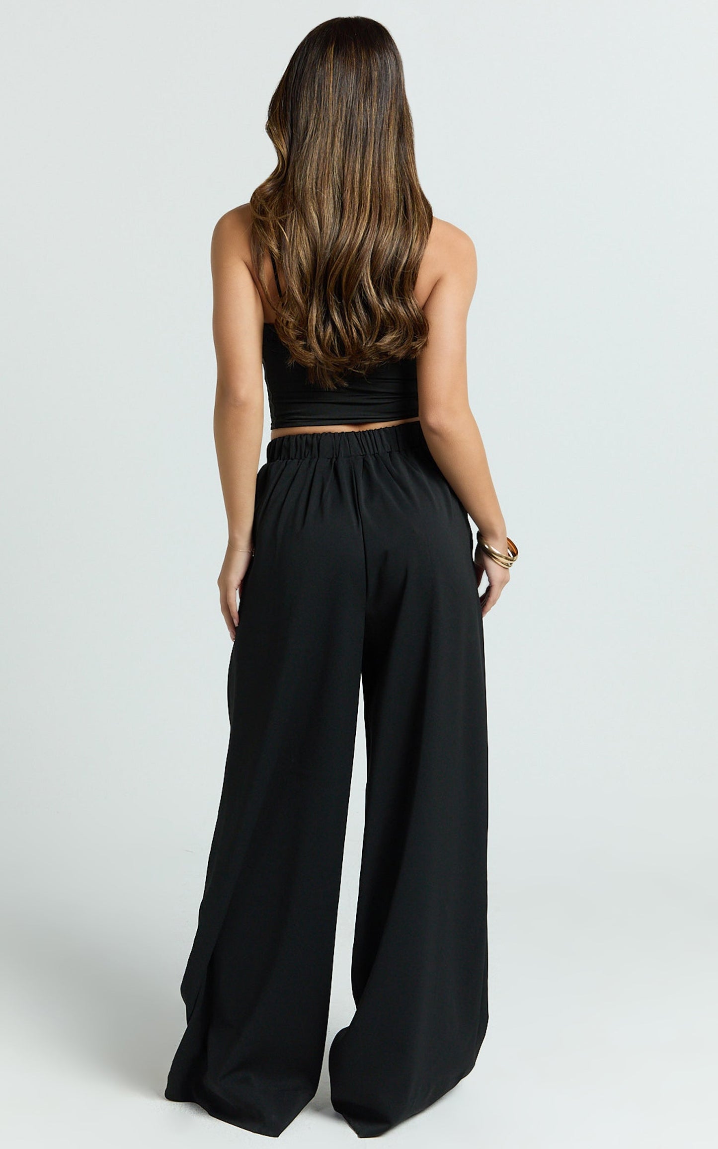 Nicole Pants - High Waist Elasticated Gathered Waist Wide Leg Pants in Black