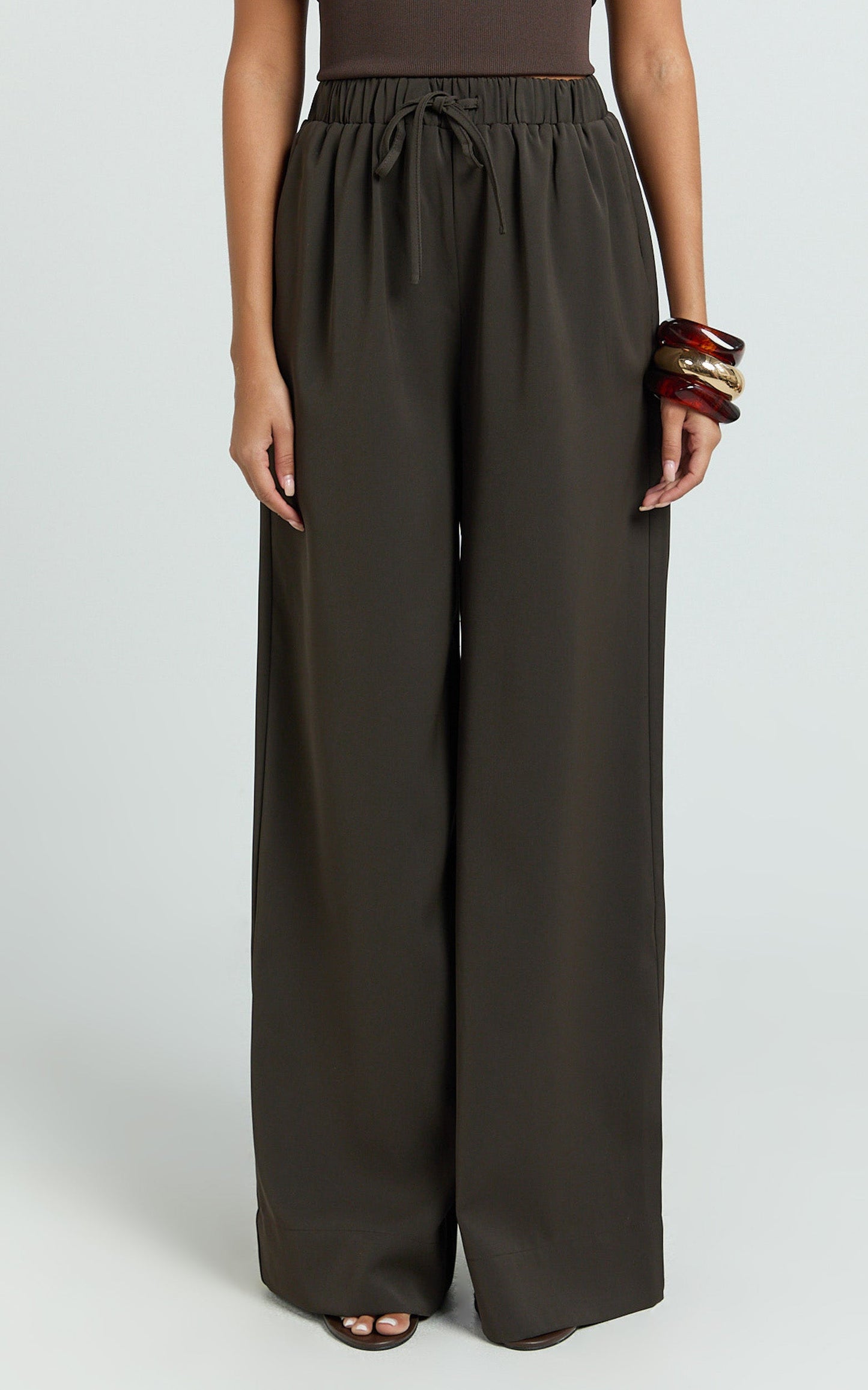 Nicole Pants - High Waist Elasticated Gathered Waist Wide Leg Pants in Chocolate