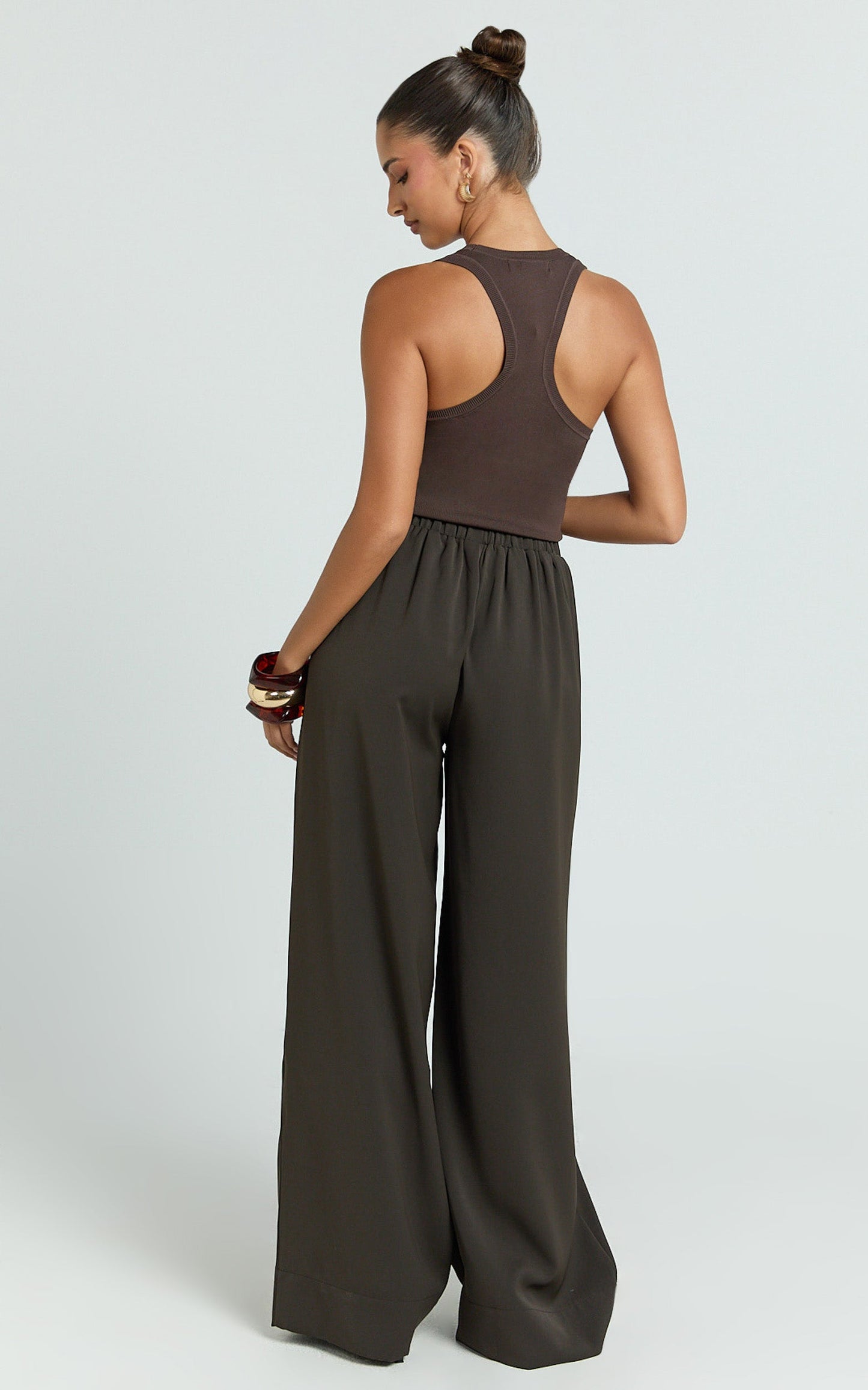 Nicole Pants - High Waist Elasticated Gathered Waist Wide Leg Pants in Chocolate