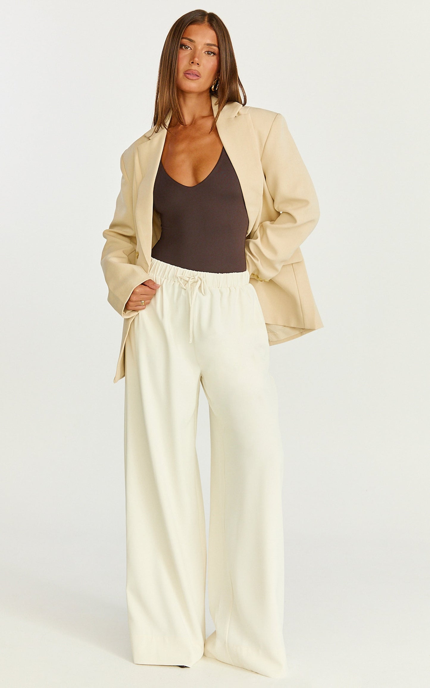 Nicole Pants - High Waist Elasticated Gathered Waist Wide Leg Pants in Cream