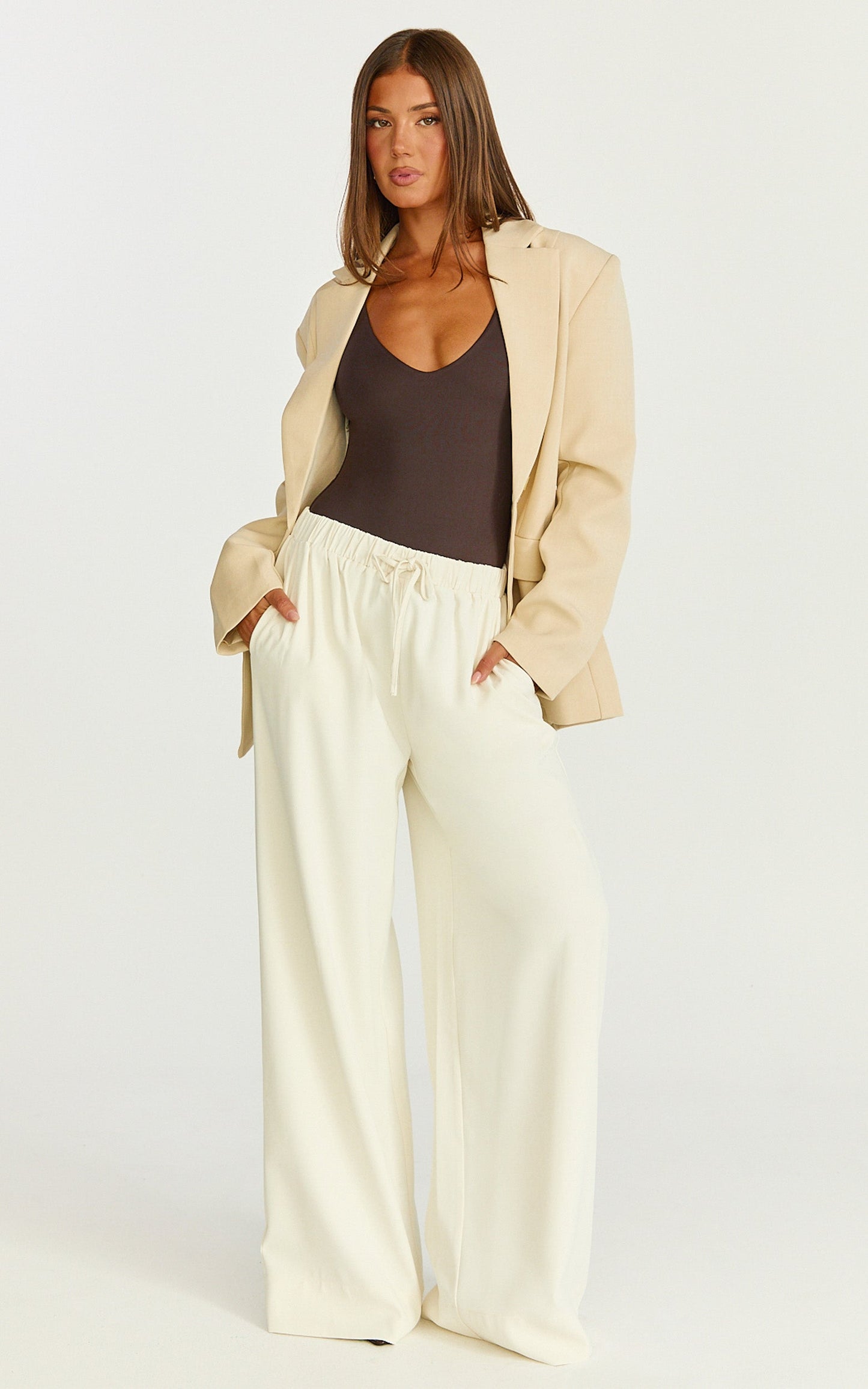 Nicole Pants - High Waist Elasticated Gathered Waist Wide Leg Pants in Cream