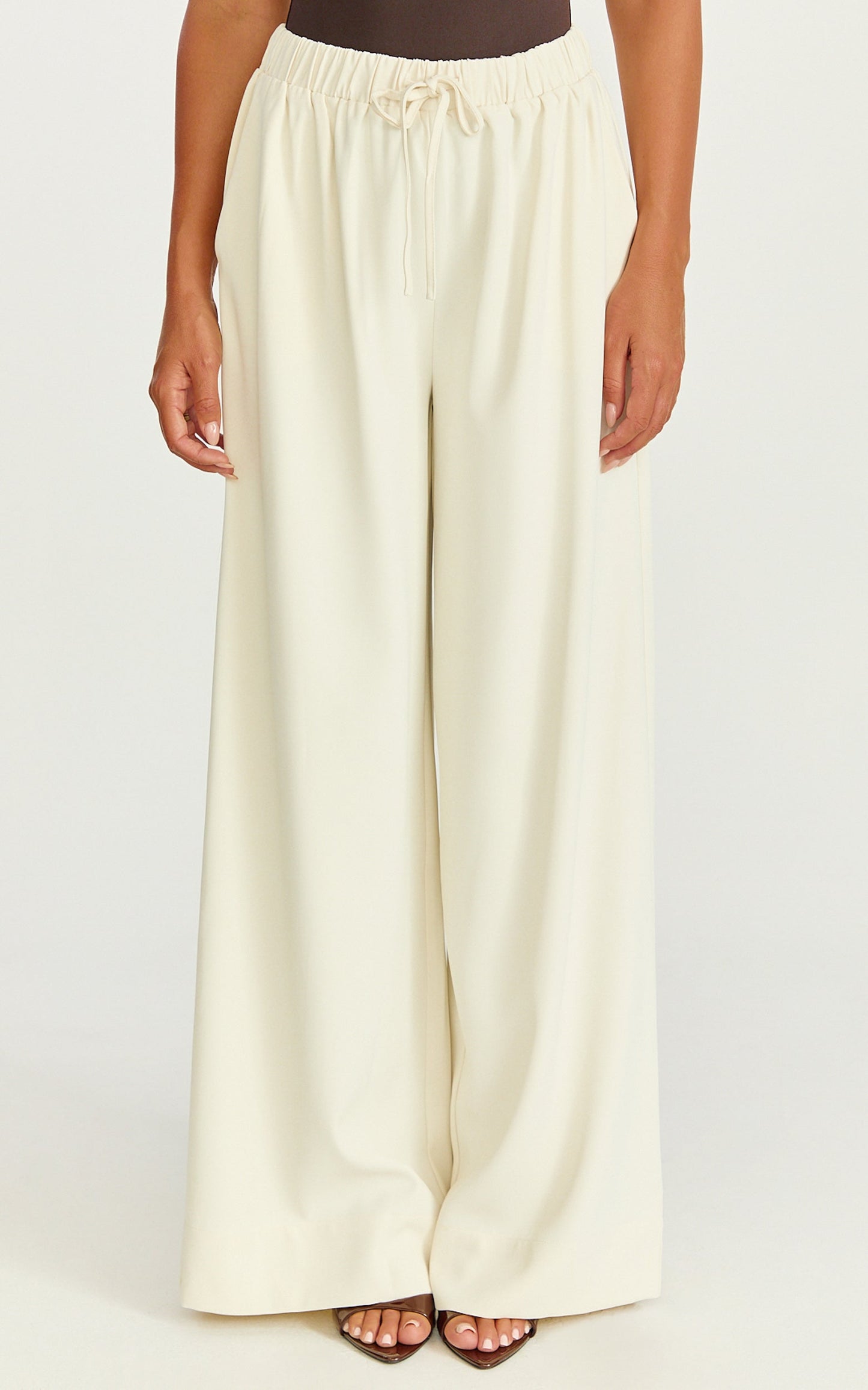 Nicole Pants - High Waist Elasticated Gathered Waist Wide Leg Pants in Cream