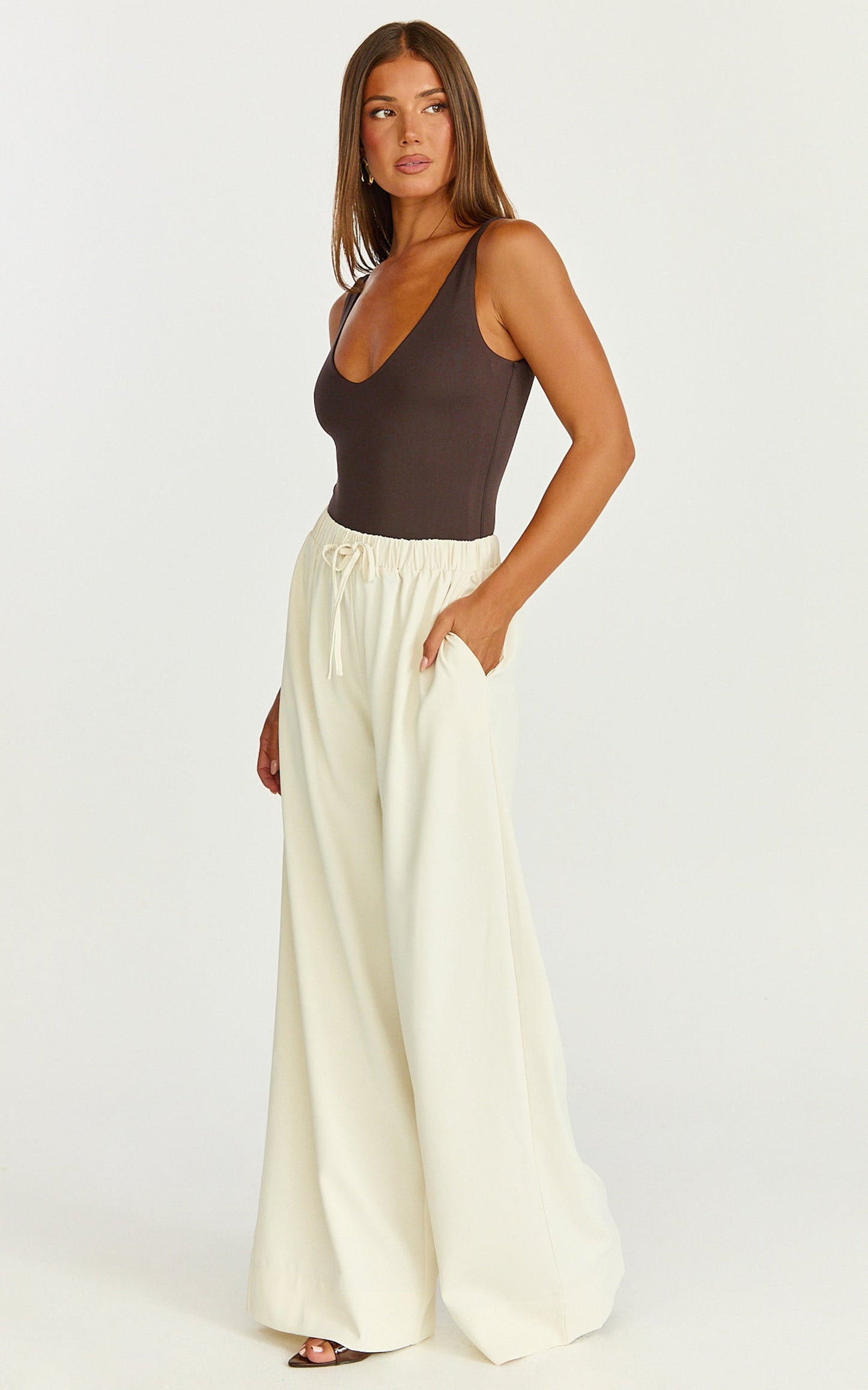 Nicole Pants - High Waist Elasticated Gathered Waist Wide Leg Pants in Cream