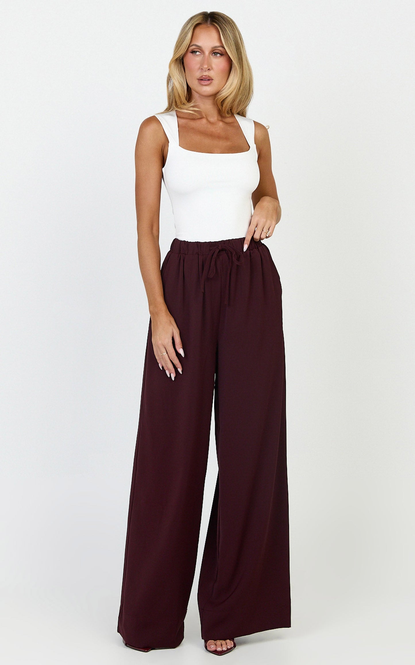 Nicole Pants - High Waist Elasticated Gathered Waist Wide Leg Pants in Wine