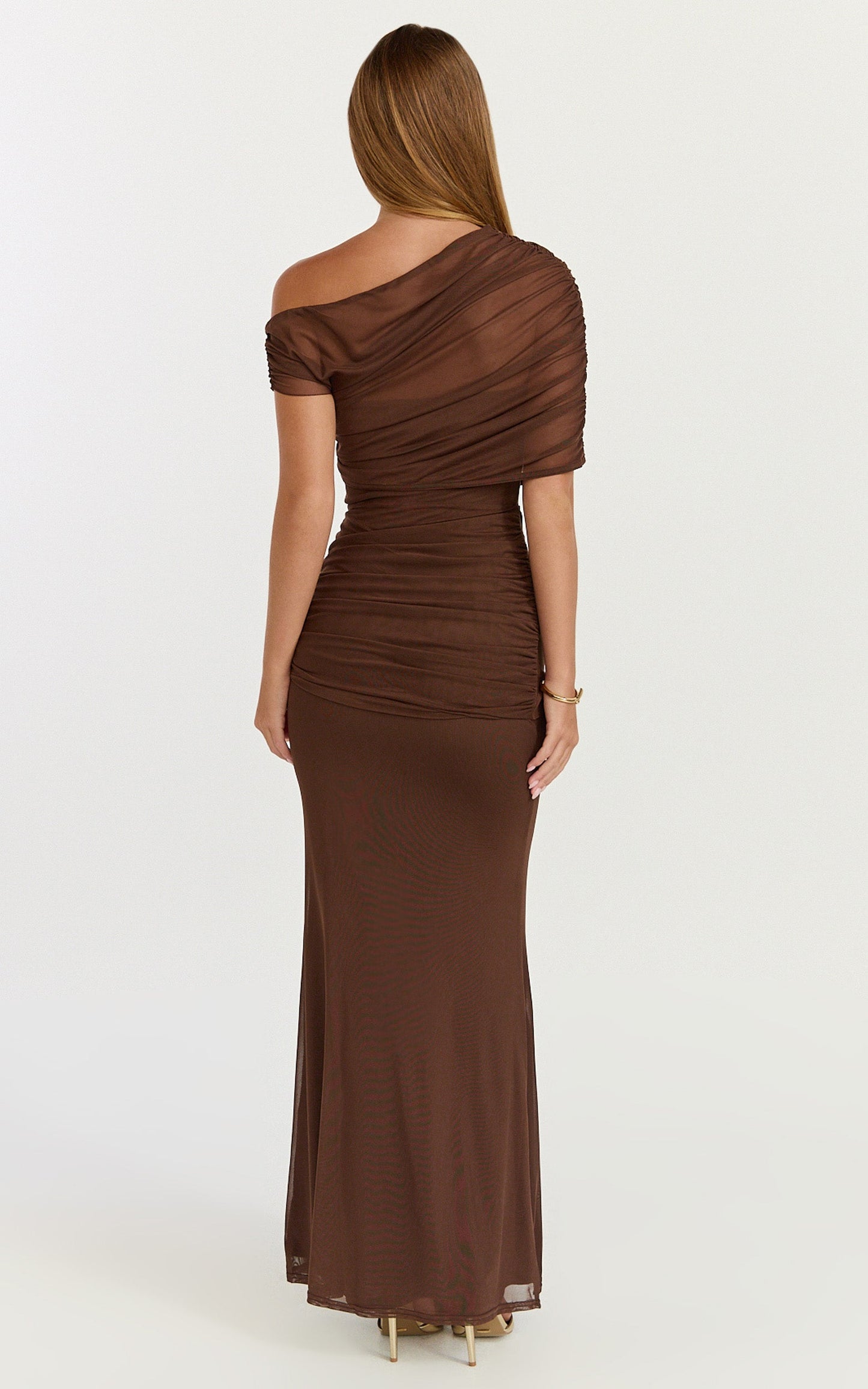 Nicolette Maxi Dress - Cape Sleeve Off Shoulder Dress in Chocolate