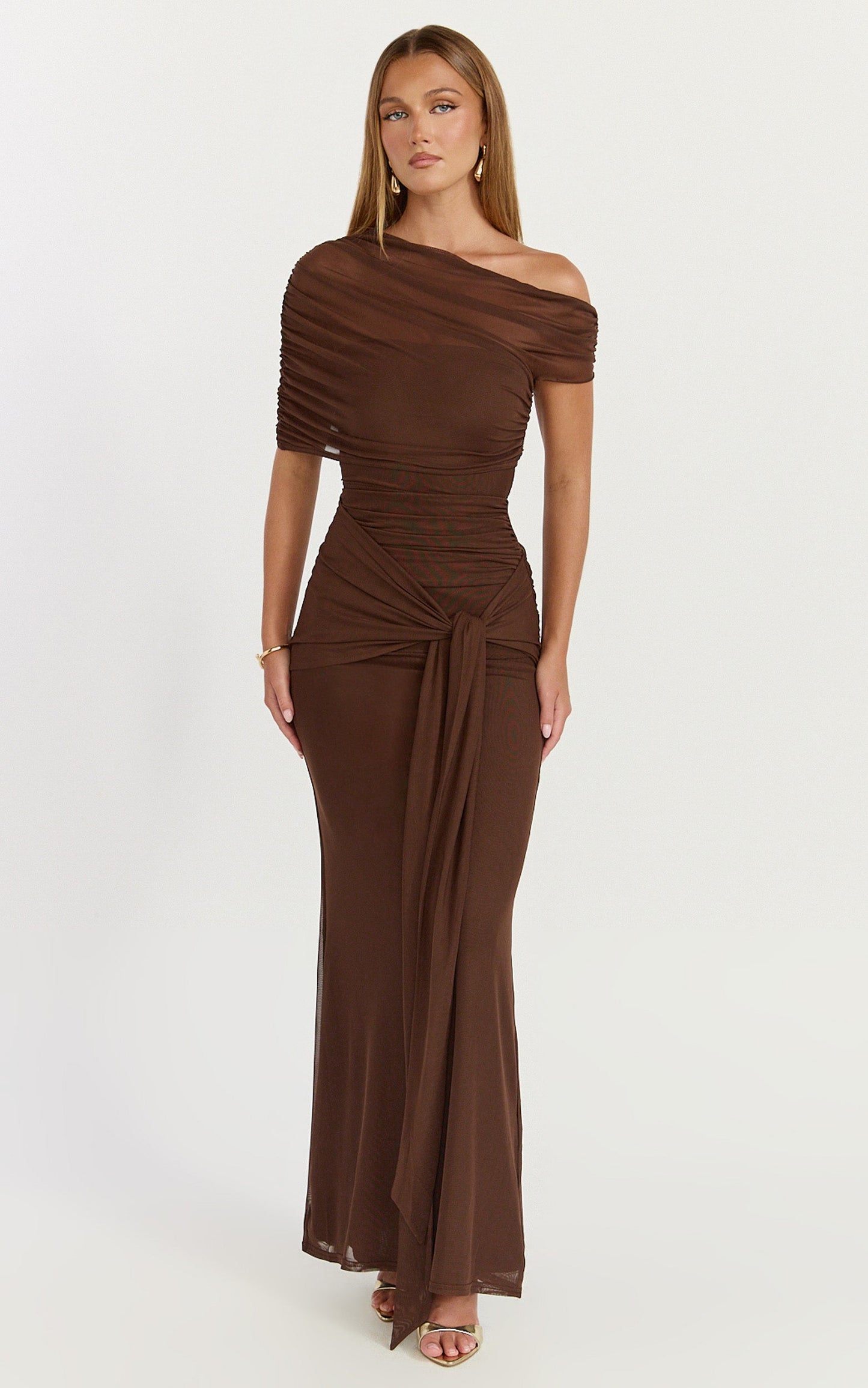 Nicolette Maxi Dress - Cape Sleeve Off Shoulder Dress in Chocolate