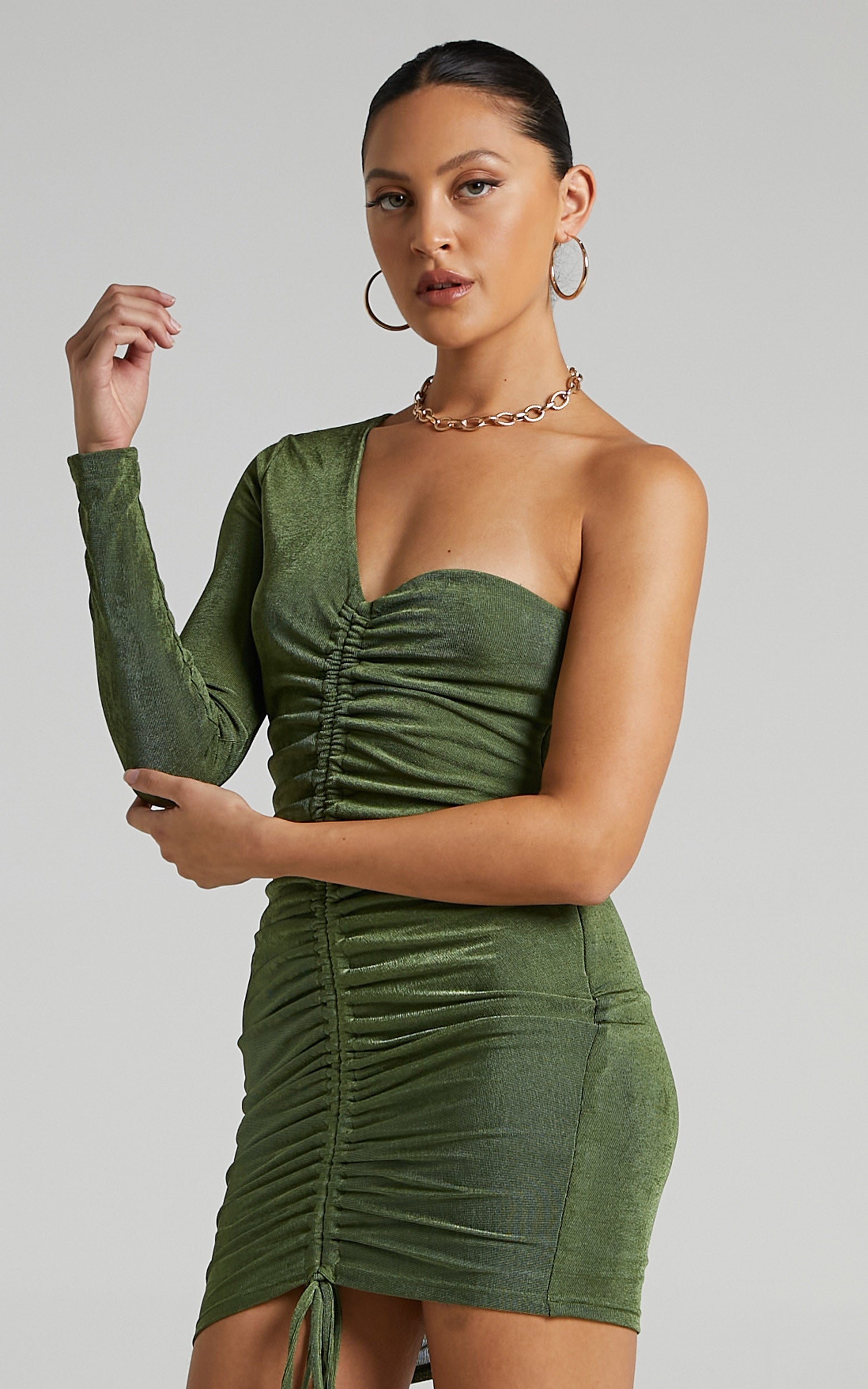 Nicolle Mini Dress - One Shoulder Ruched Dress in Olive