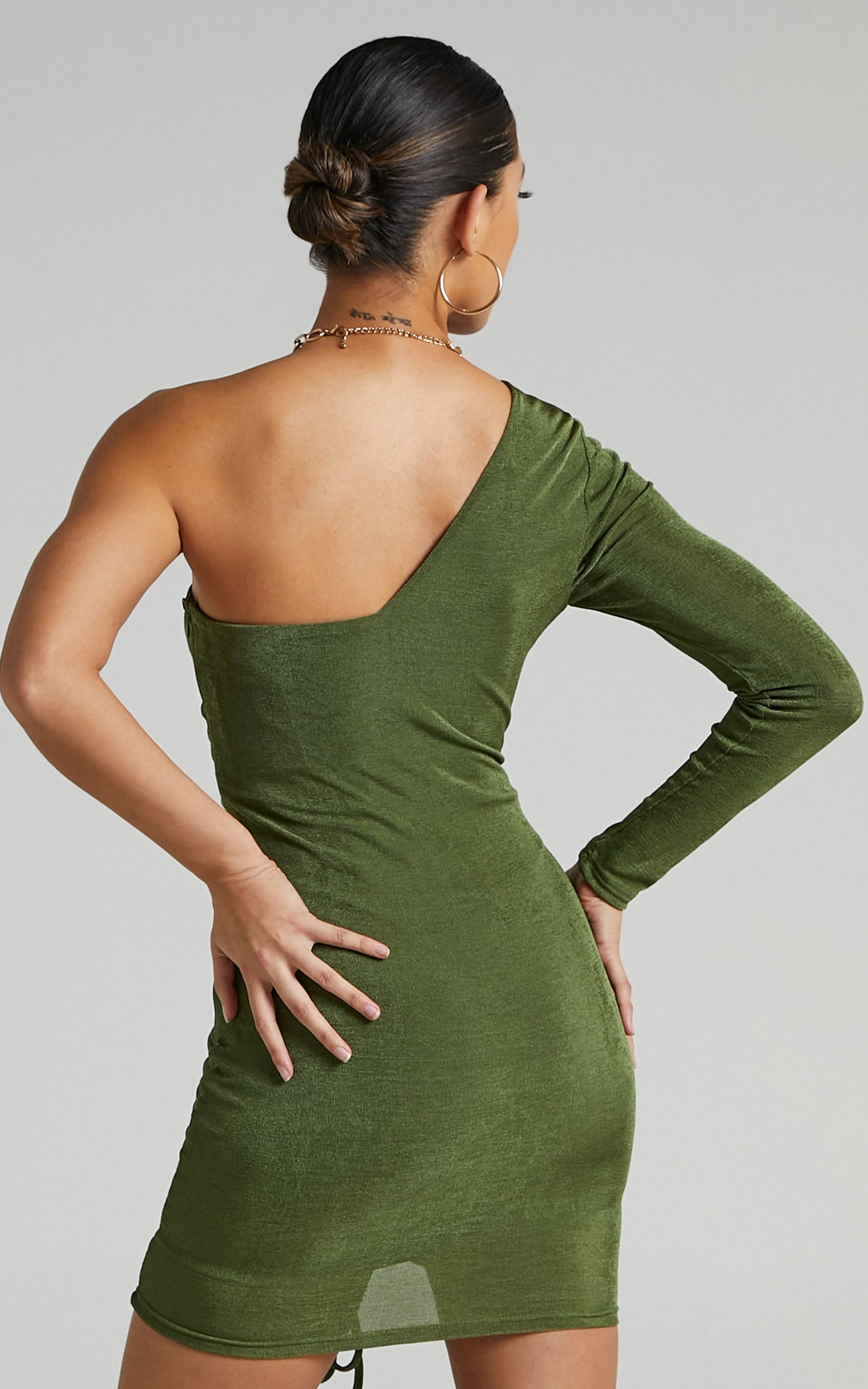 Nicolle Mini Dress - One Shoulder Ruched Dress in Olive