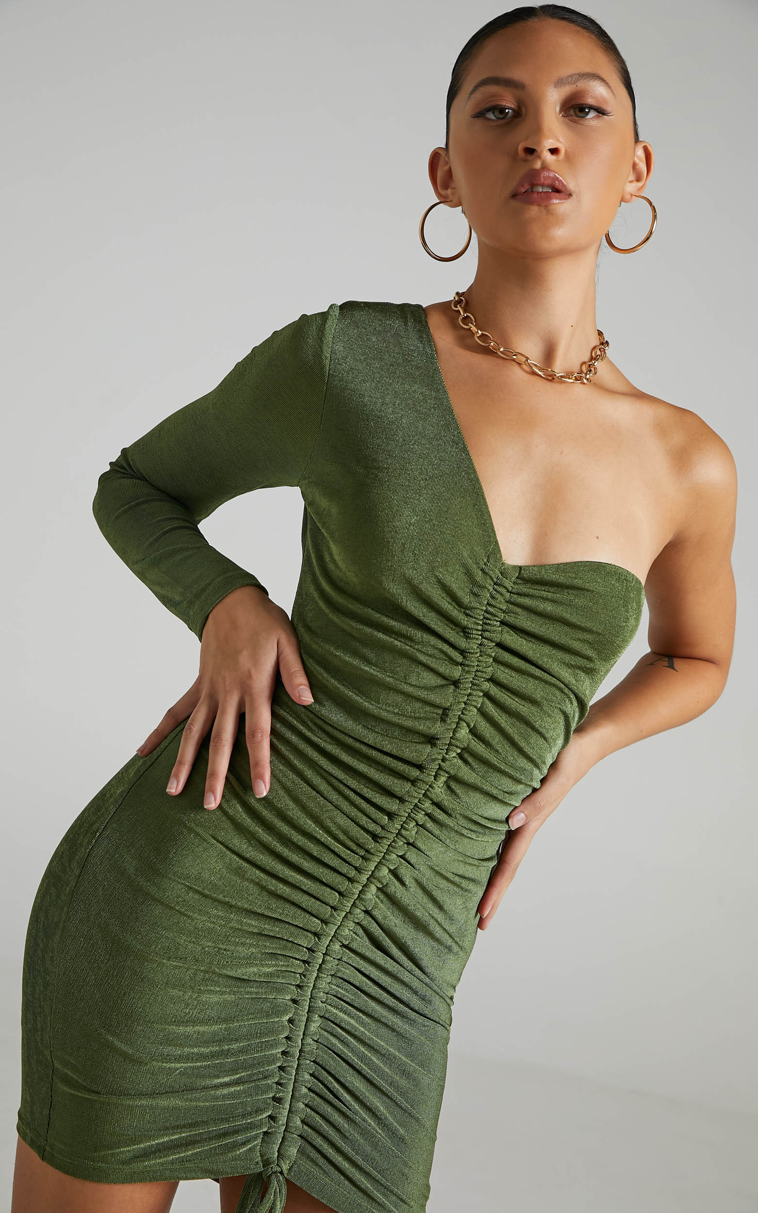 Nicolle Mini Dress - One Shoulder Ruched Dress in Olive
