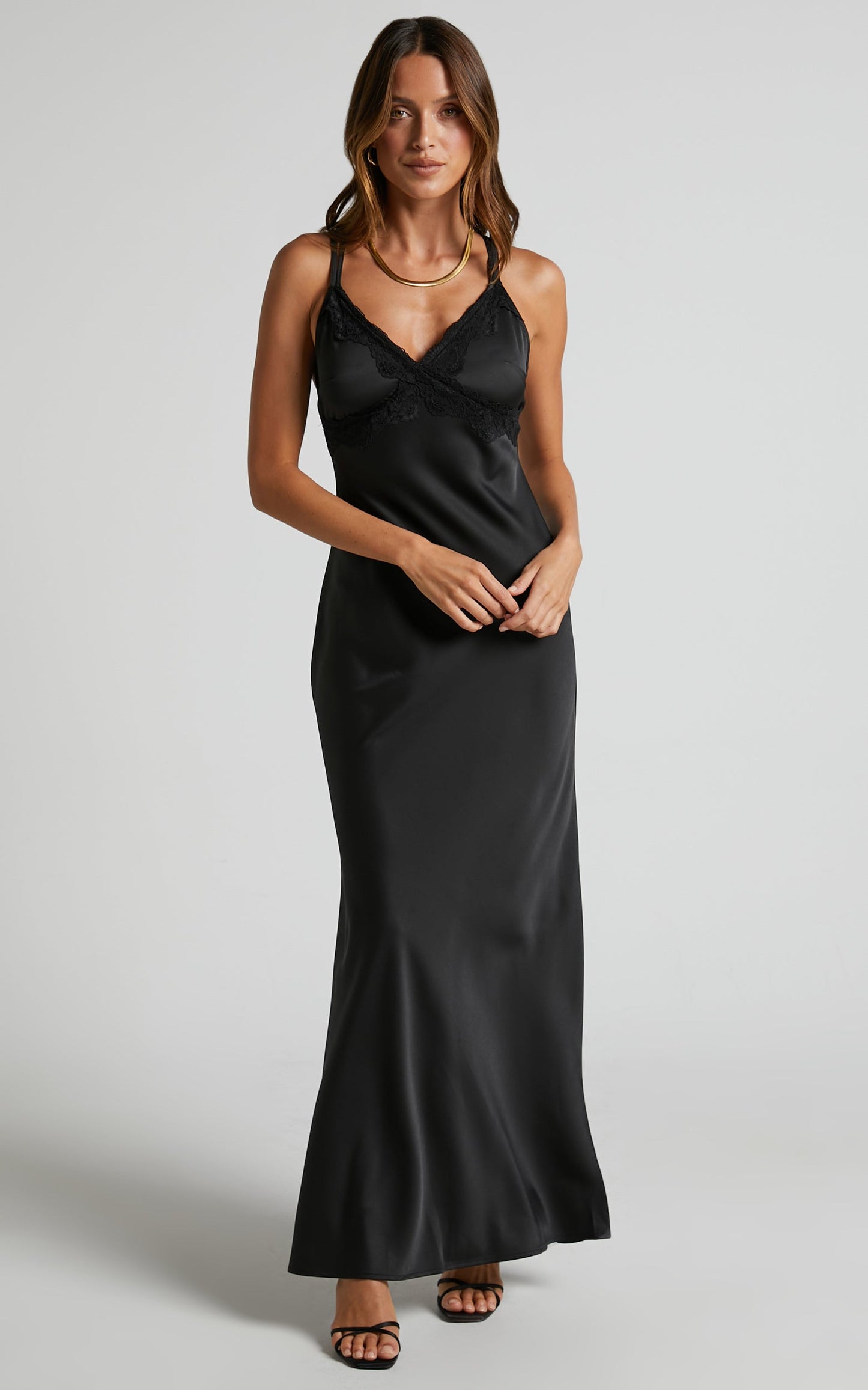 Nievie Midi Dress - Lace Trim Bias Cut Dress in Black
