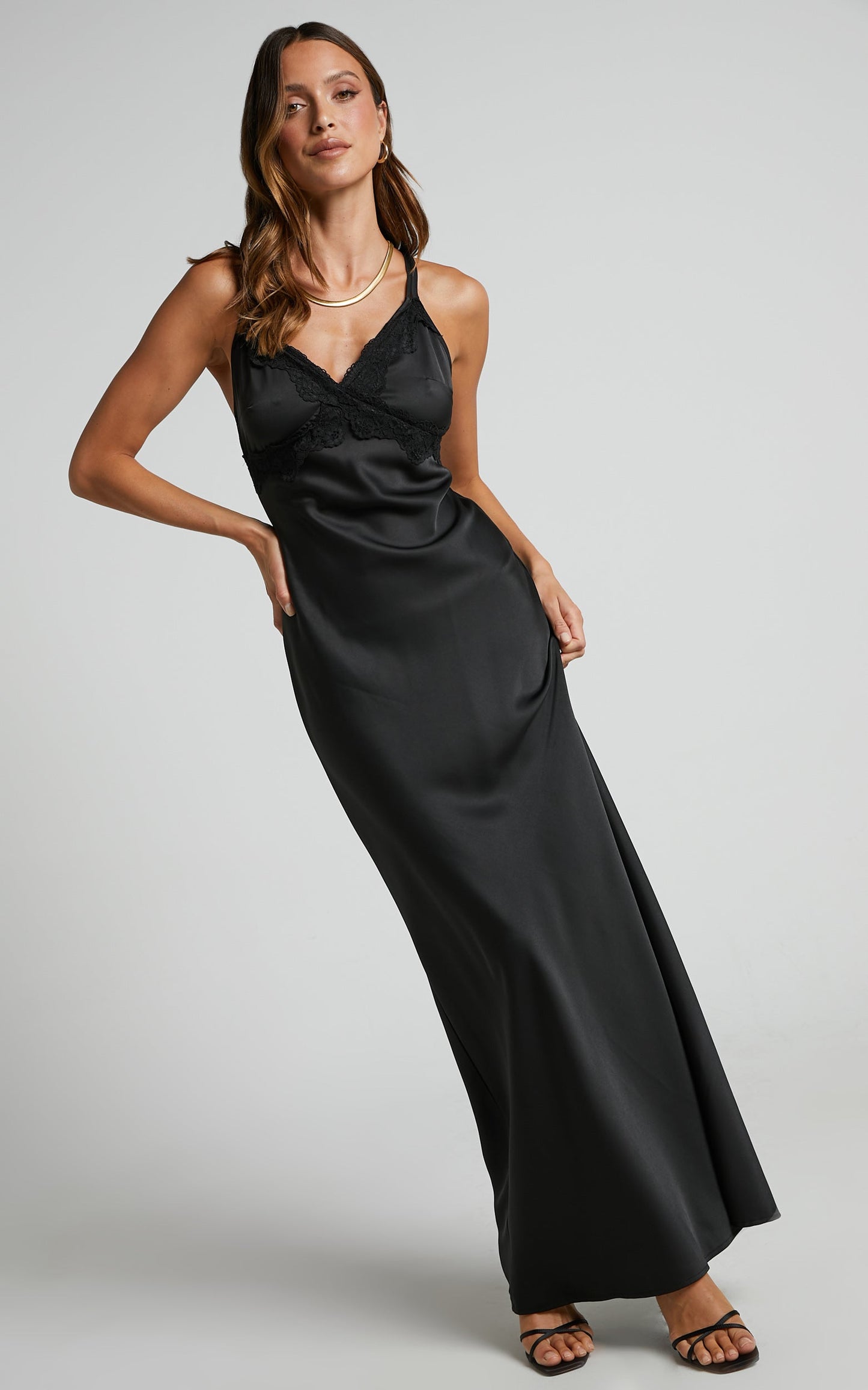 Nievie Midi Dress - Lace Trim Bias Cut Dress in Black