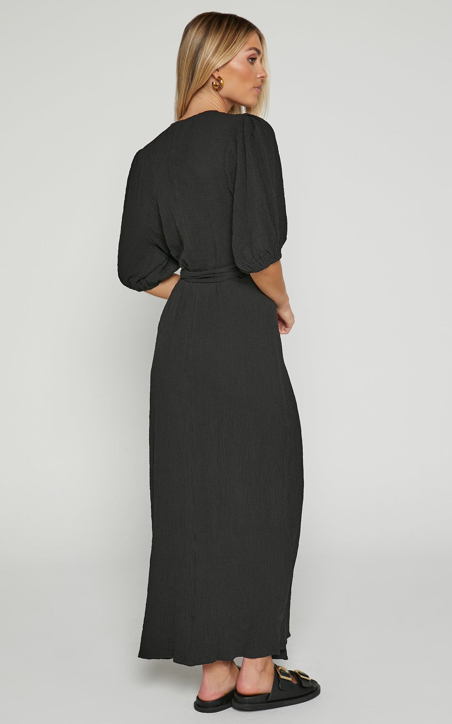 Nikkita Midi Dress - Puff Sleeve Wrap Dress in Black