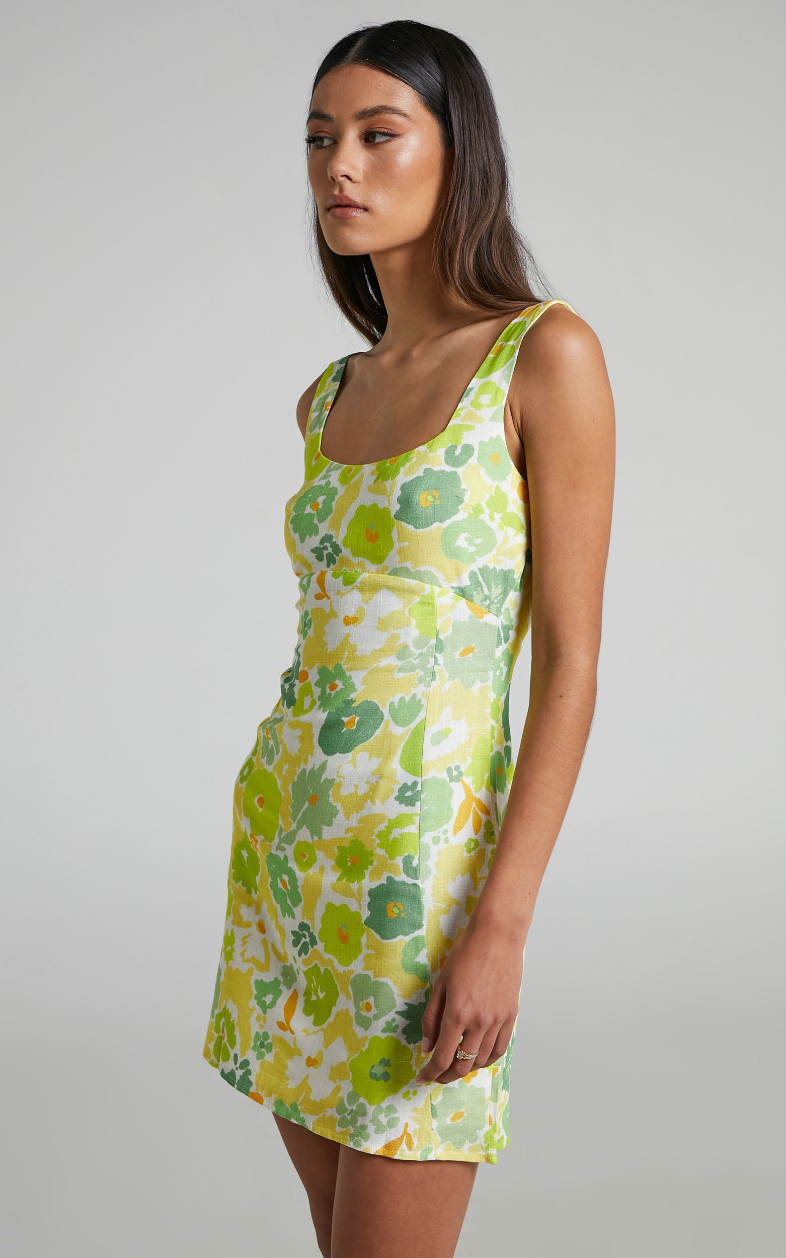 Nikoletta Mini Dress - Linen Square Neck Back Cut Out Dress in Pine Lime Print