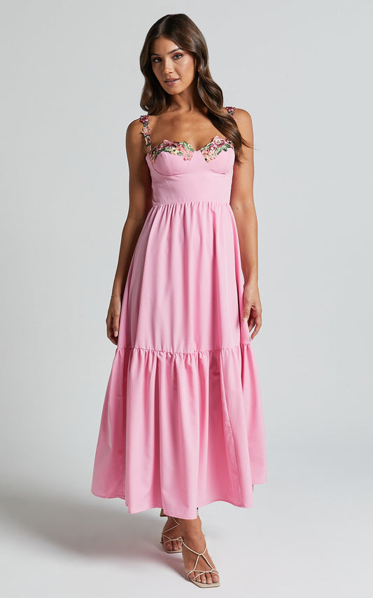 Nimfa Midi Dress - Strappy Floral Detail Tiered Dress in Pink