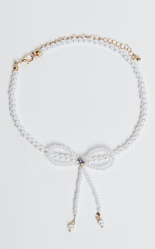 Nina Necklace - Pearl Bow Detail Necklace in White