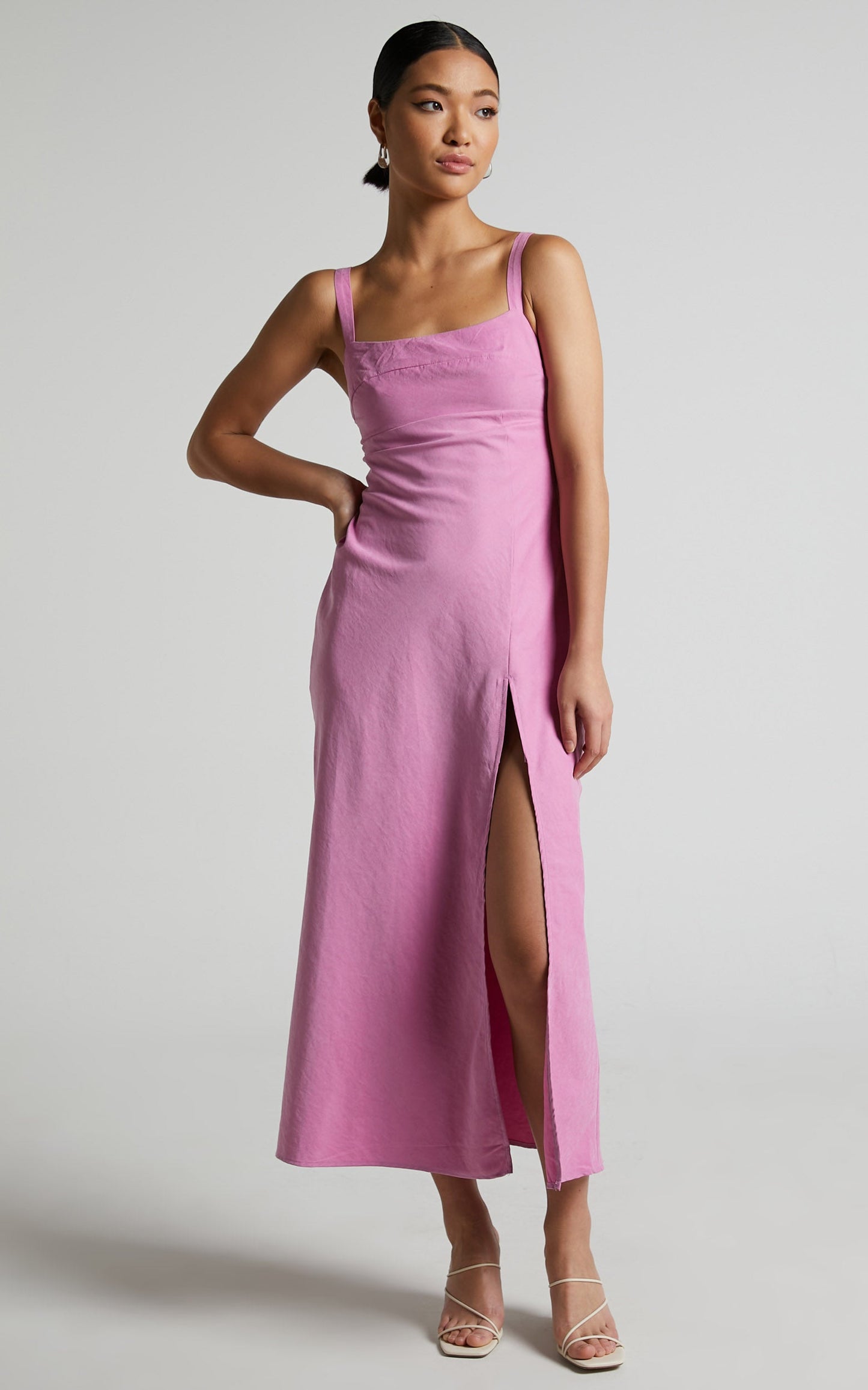 Niobe Midi Dress - Square Neck Thigh Split Slip Dress in Pink