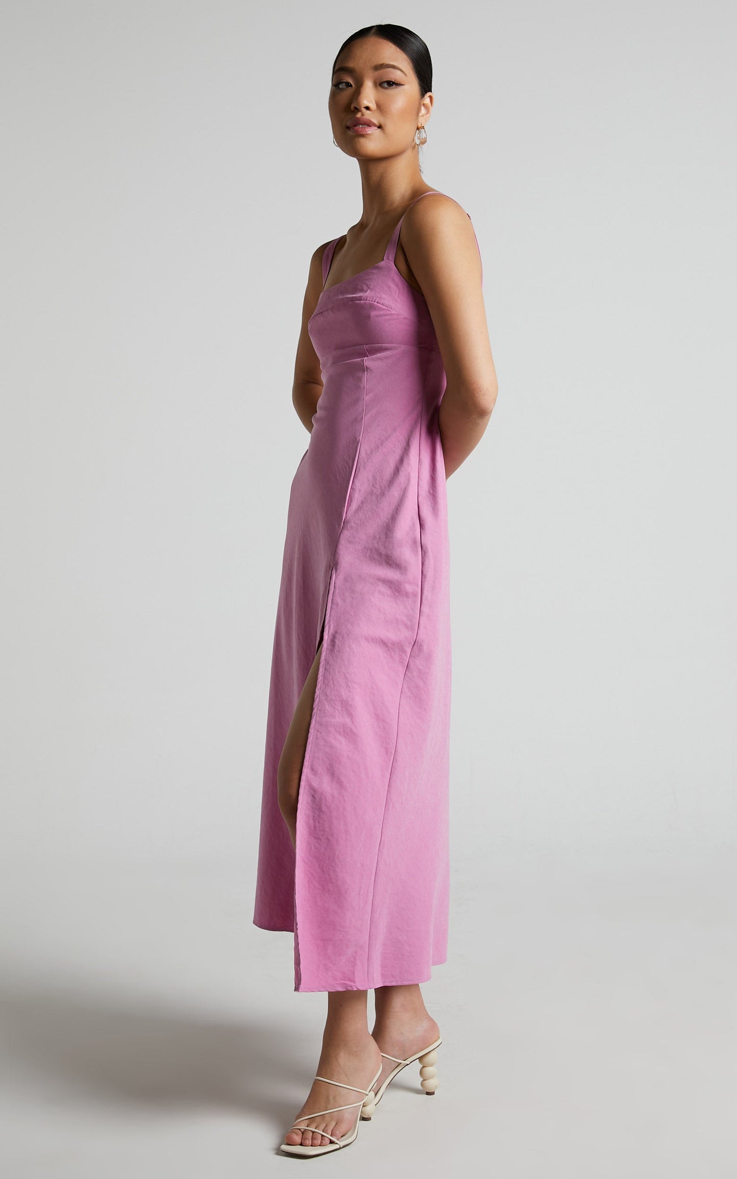 Niobe Midi Dress - Square Neck Thigh Split Slip Dress in Pink