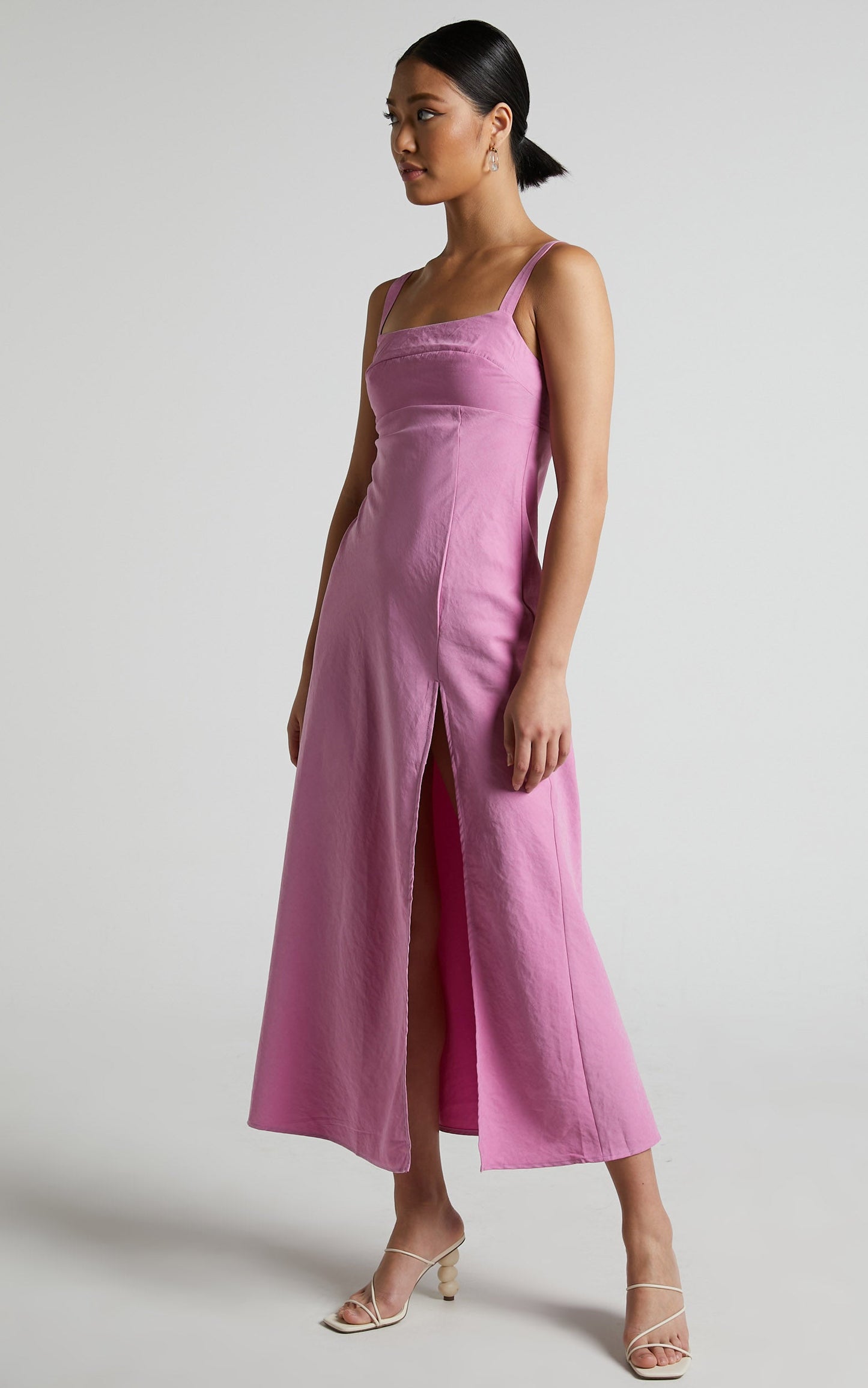 Niobe Midi Dress - Square Neck Thigh Split Slip Dress in Pink