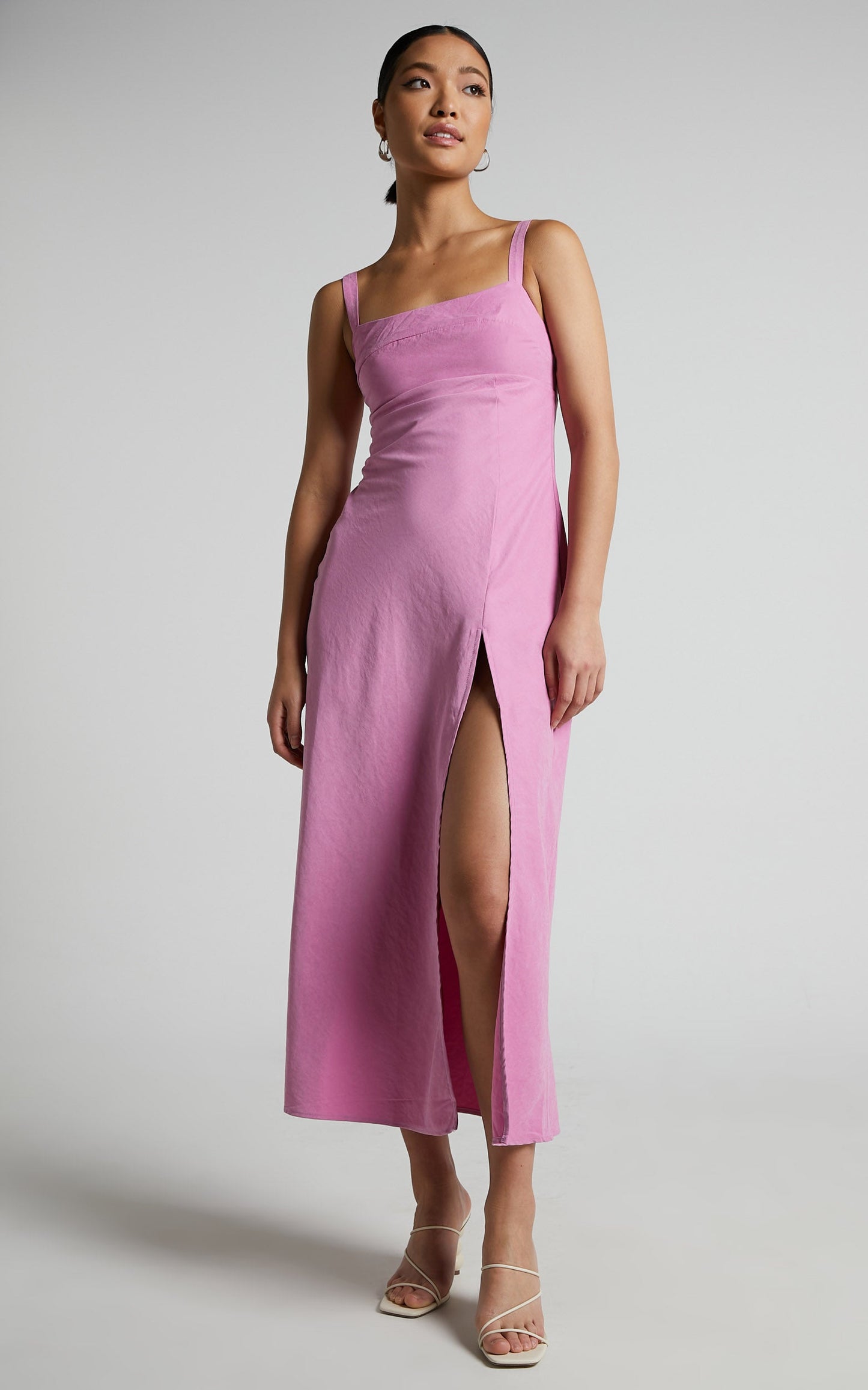 Niobe Midi Dress - Square Neck Thigh Split Slip Dress in Pink