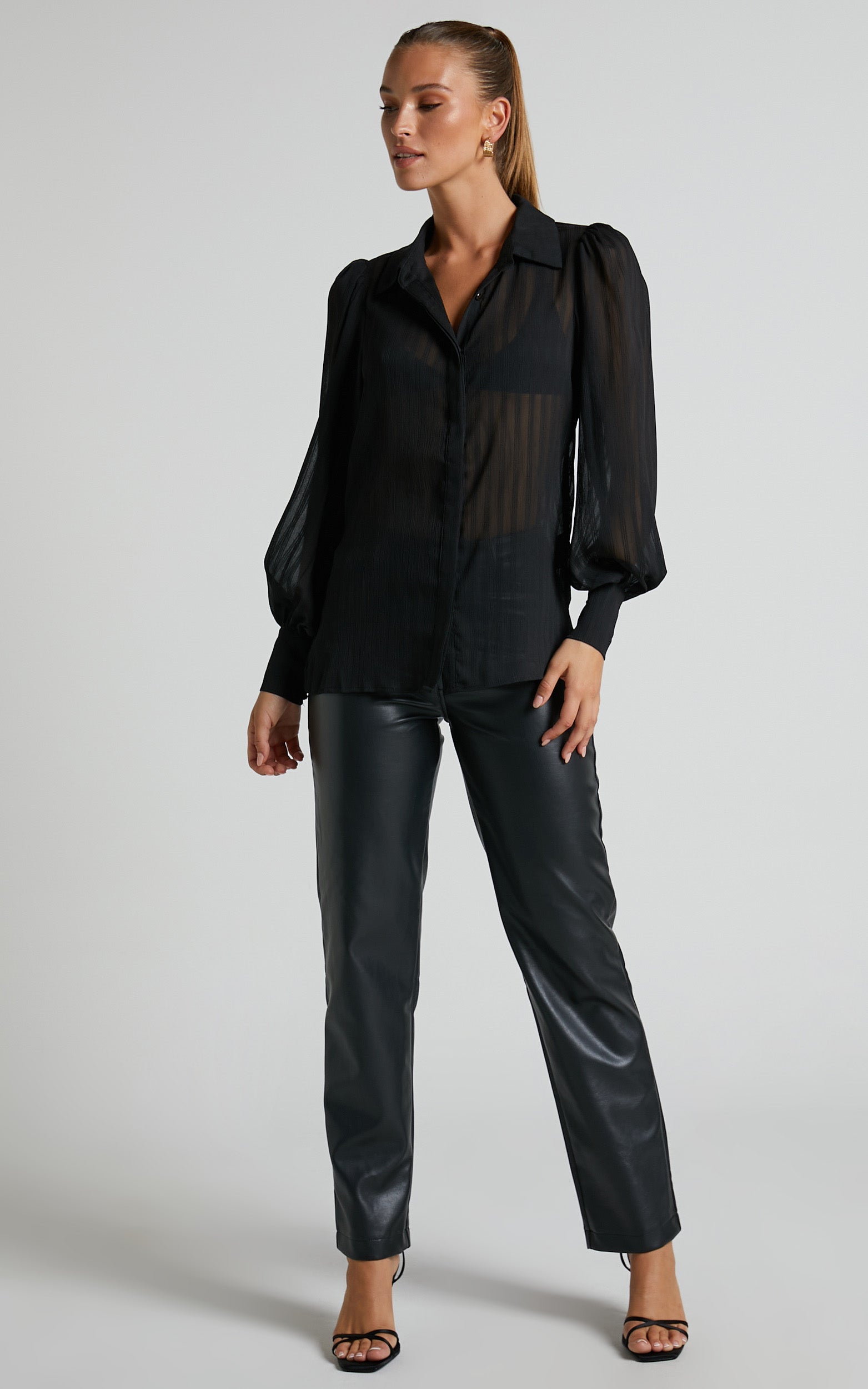 Nitale Blouse - Stripe Bishop Sleeve Blouse in Black